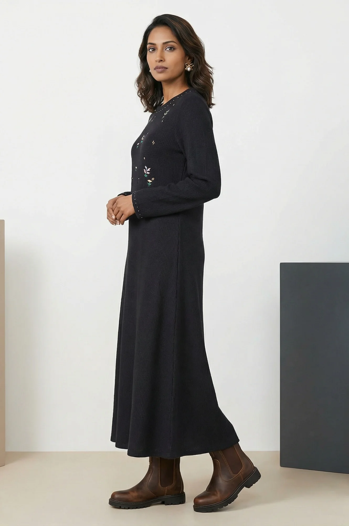Black Yarn Dyed Embroidered Rayon Blend A-line Winter Dress - Image 3