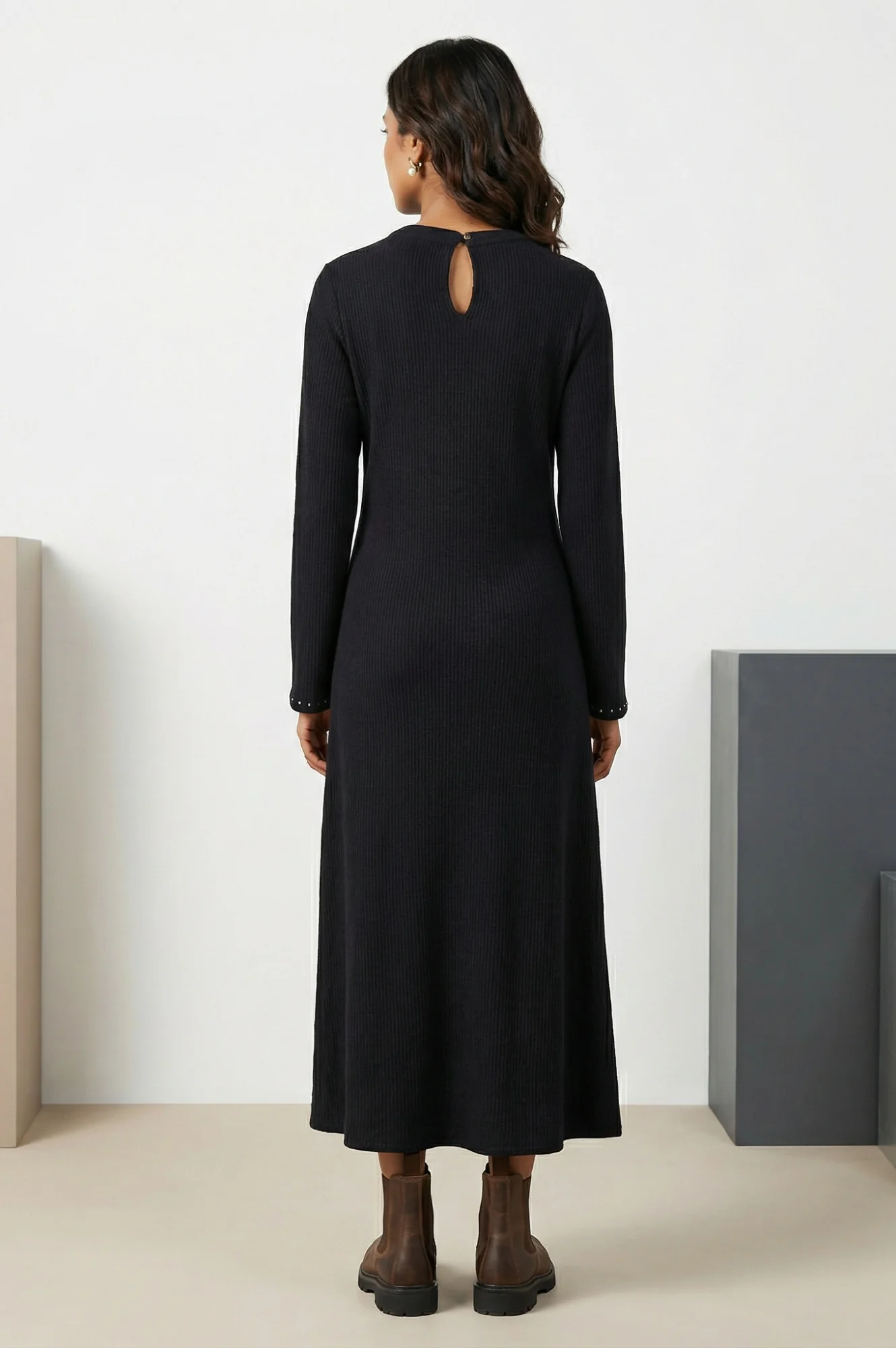 Black Yarn Dyed Embroidered Rayon Blend A-line Winter Dress - Image 4