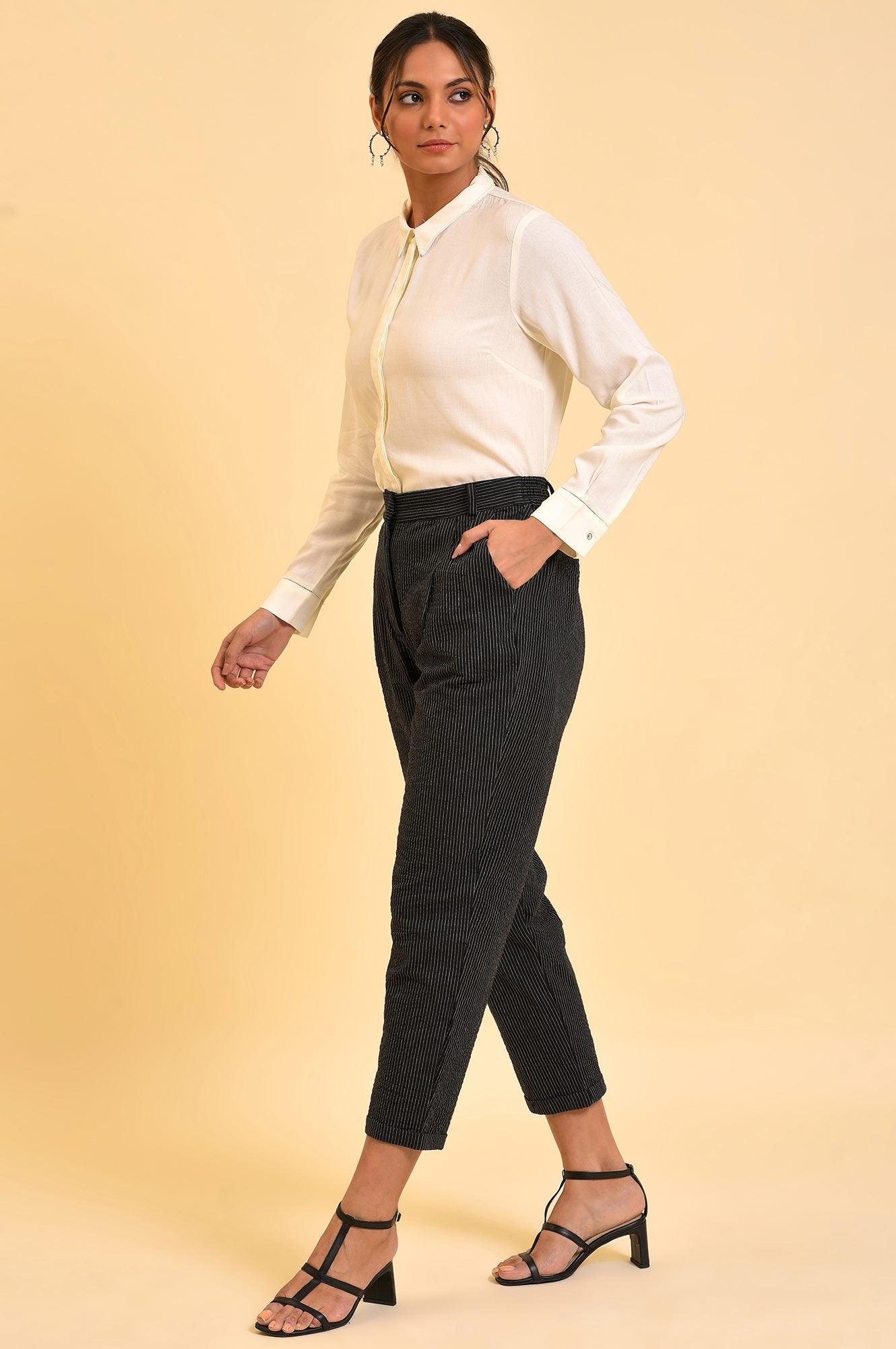 Black Yarn Dyed Fit Straight Pants - Image 5