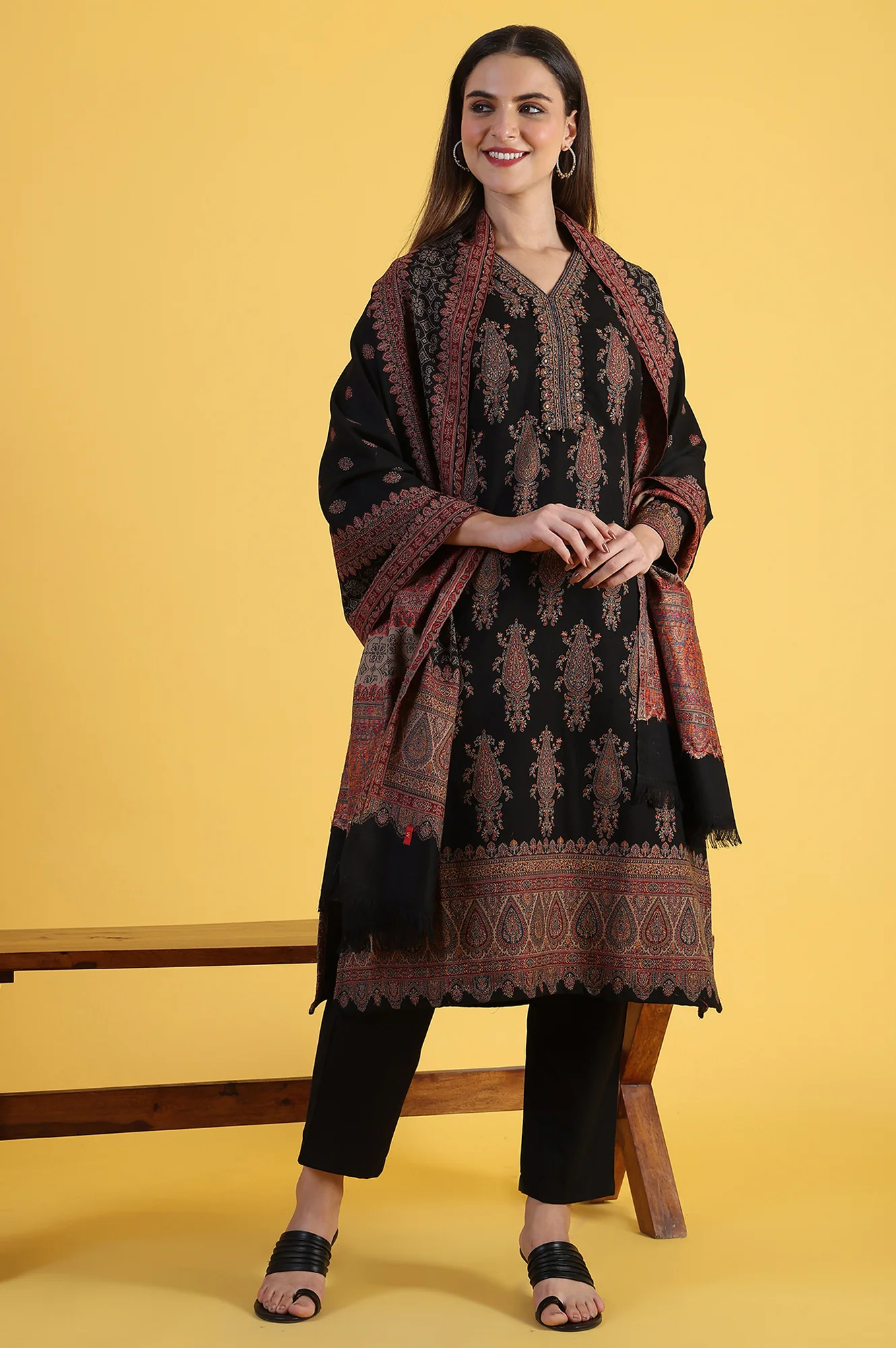 Black Yarn Dyed Sequins Straight Kurta & Straight pant with Dupatta Set