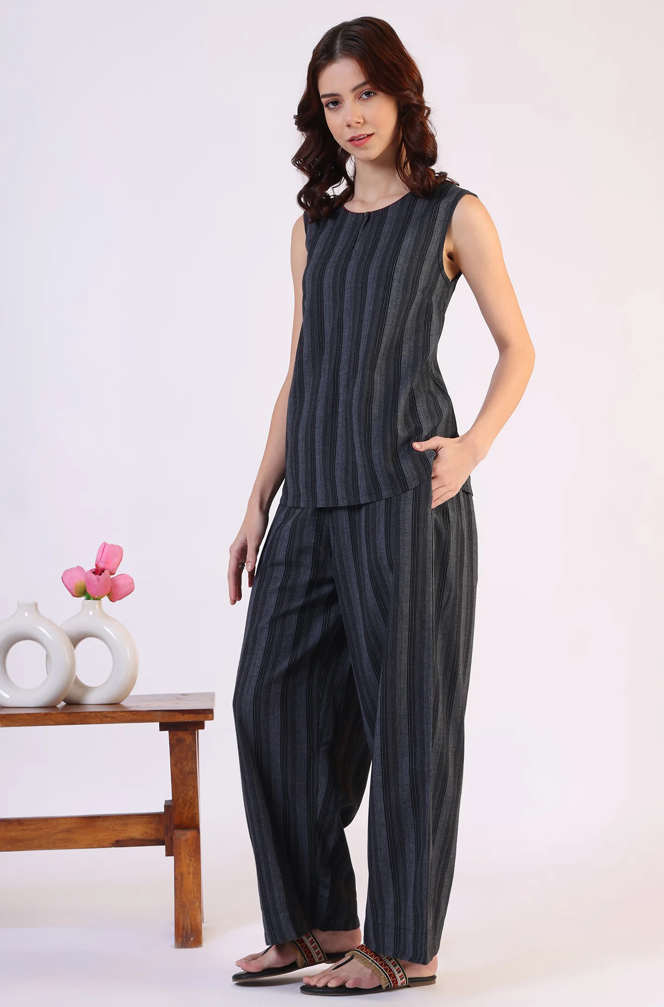 Black Yarn Dyed Striped Sleeveless Top and Pants Co-ord Set - Image 5