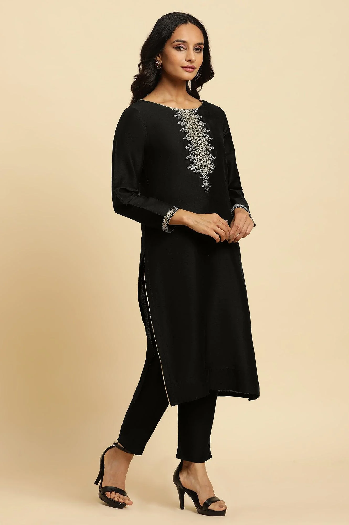 Black Zari Embroidered Straight Kurta, Pant And Dupatta Set - Image 3