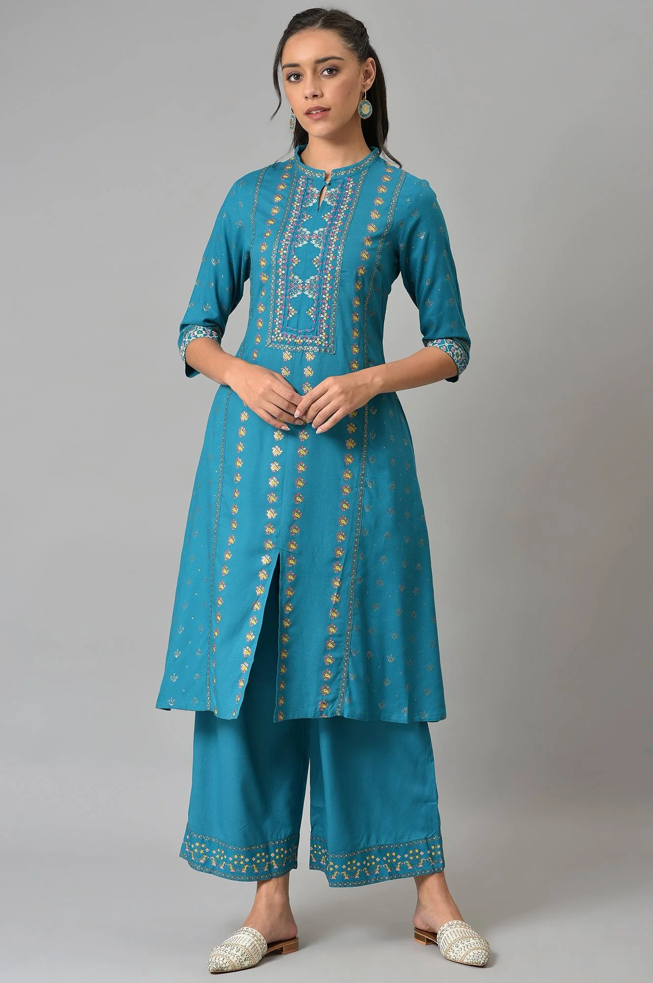 Blue A-Line Embroidered kurta With Parallel Pants - Image 9