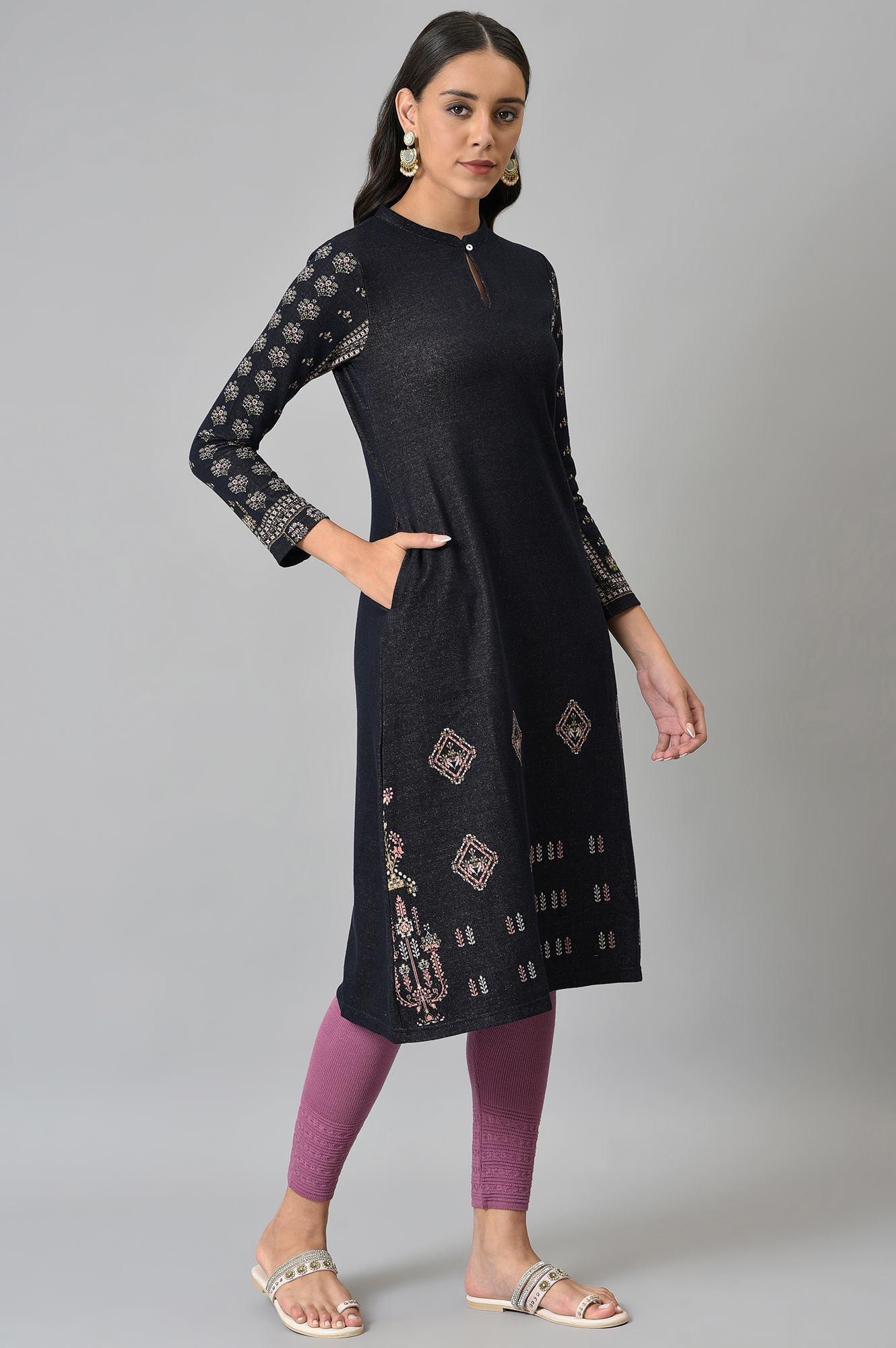 Blue A-Line Jacquard Winter kurta - Image 4