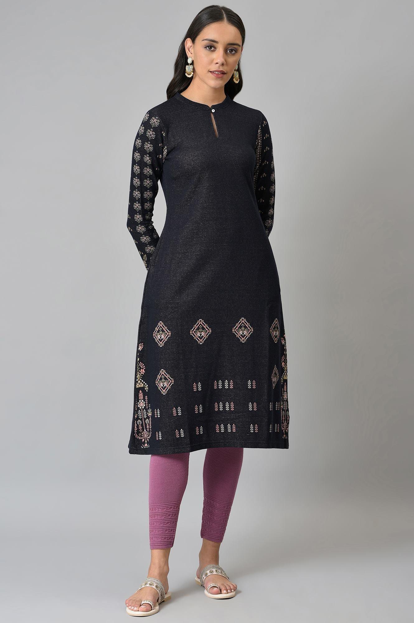 Blue A-Line Jacquard Winter kurta - Image 5