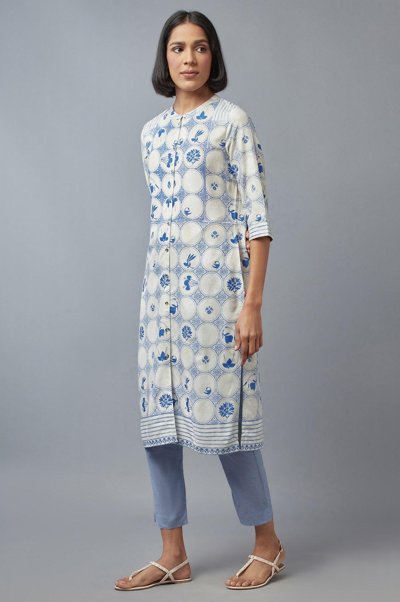 Blue and Ecru Printed kurta - Image 3