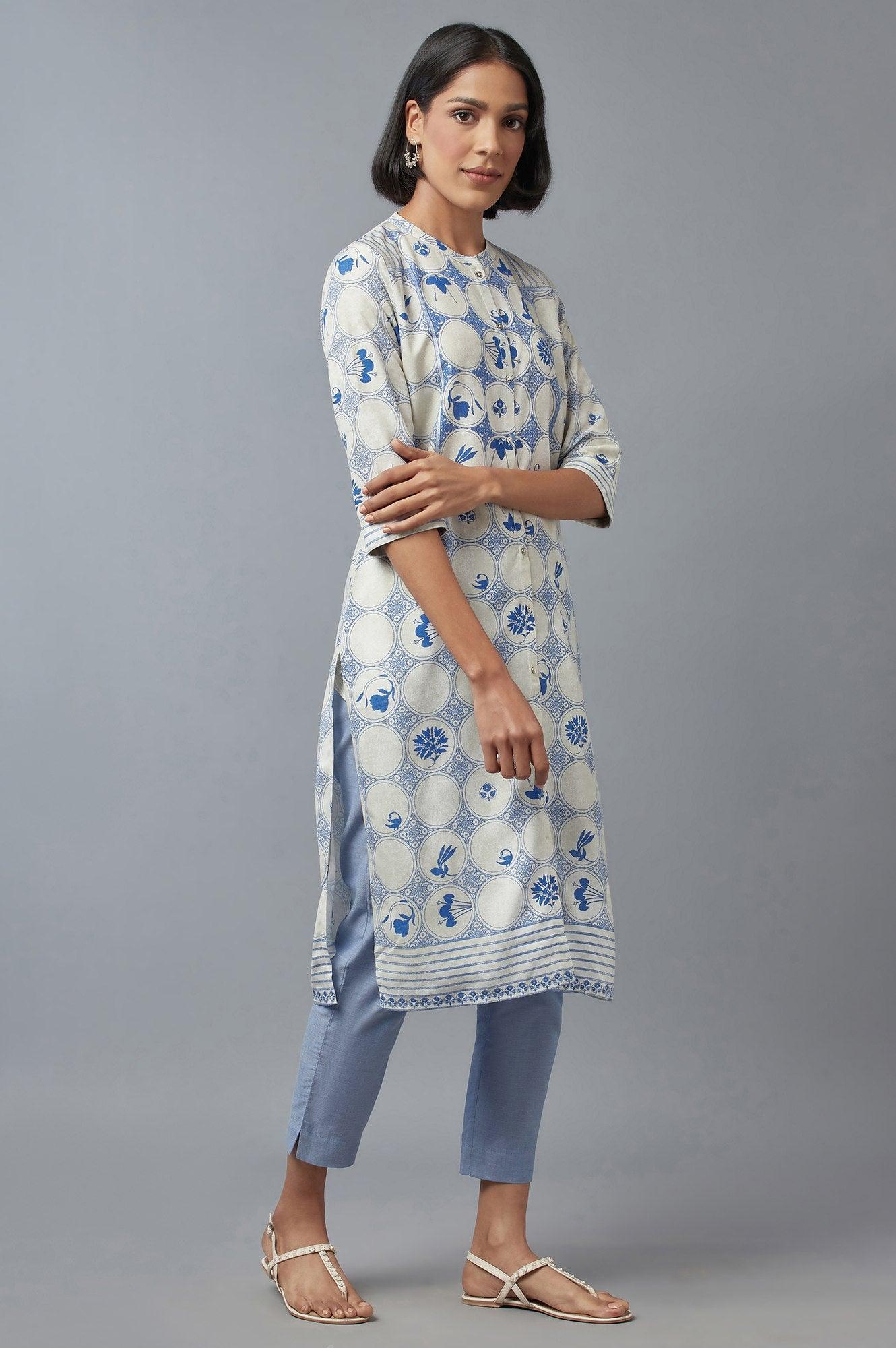 Blue and Ecru Printed kurta - Image 4