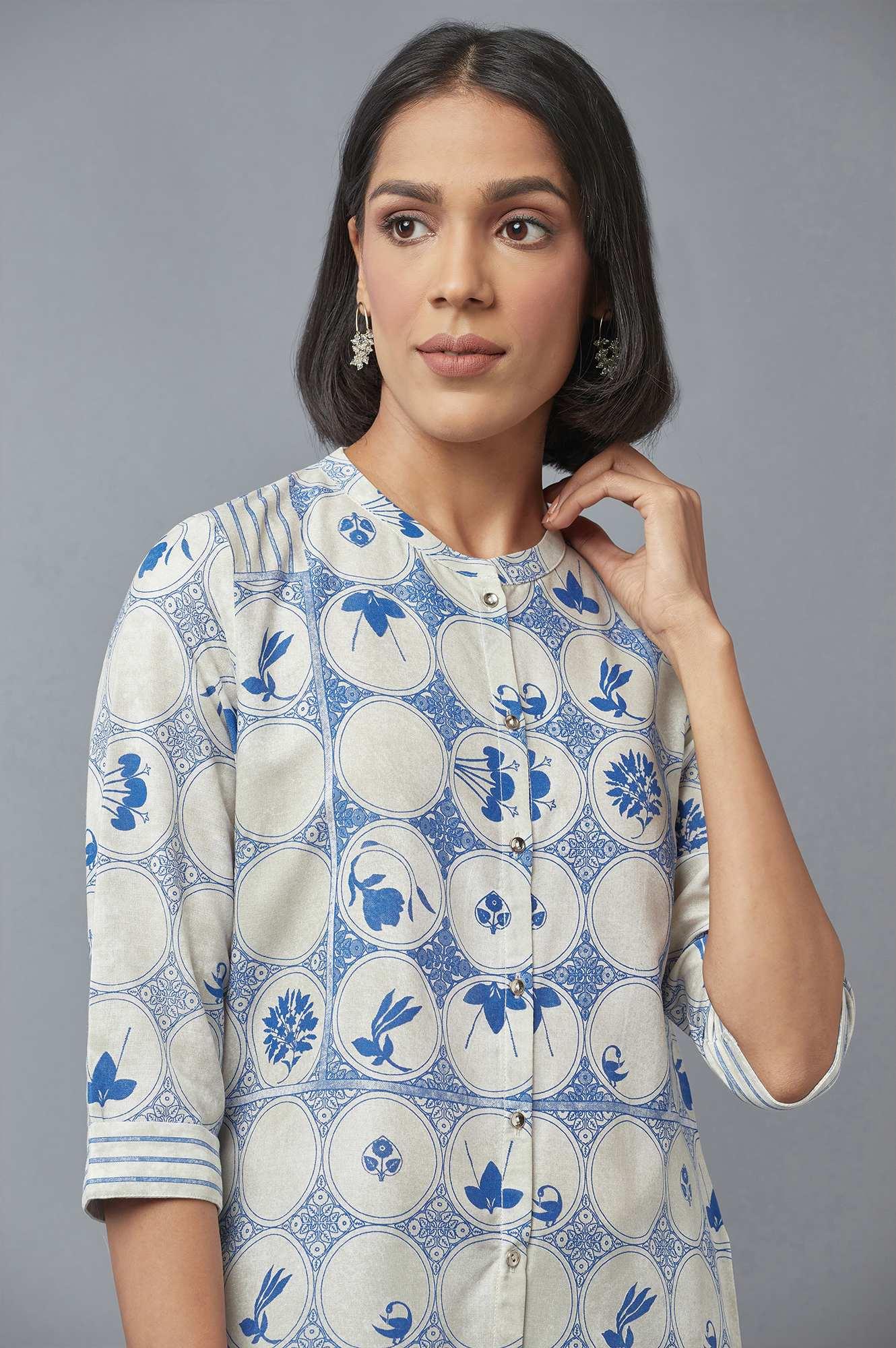 Blue and Ecru Printed kurta - Image 5