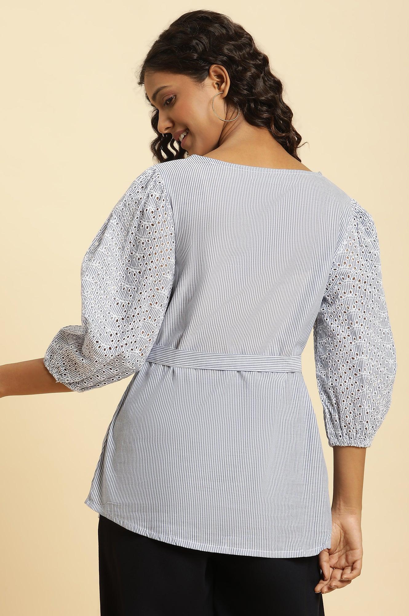 Blue And White Stripe Printed Top With Embroidered Sleeves - Image 3