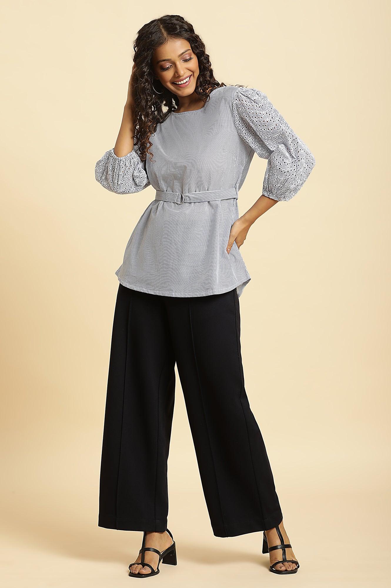 Blue And White Stripe Printed Top With Embroidered Sleeves - Image 5