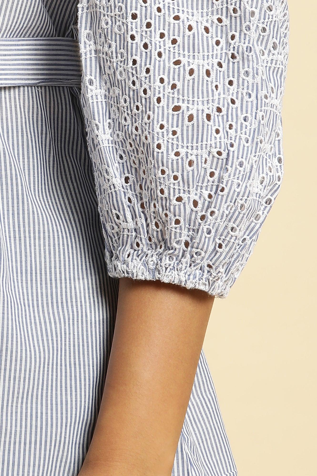 Blue And White Stripe Printed Top With Embroidered Sleeves - Image 7