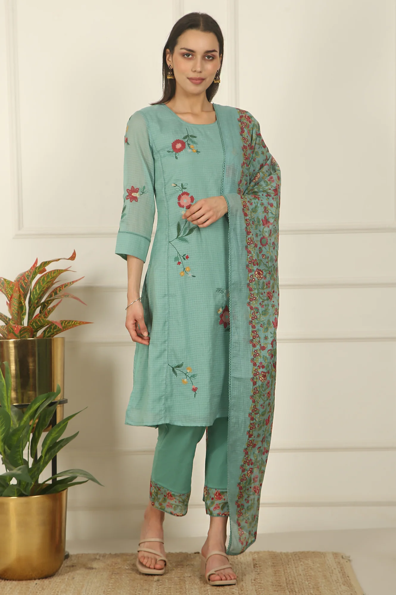 Blue Ari Embroidered Panelled Kurta, Straight Pants and Dupatta Set - Image 2