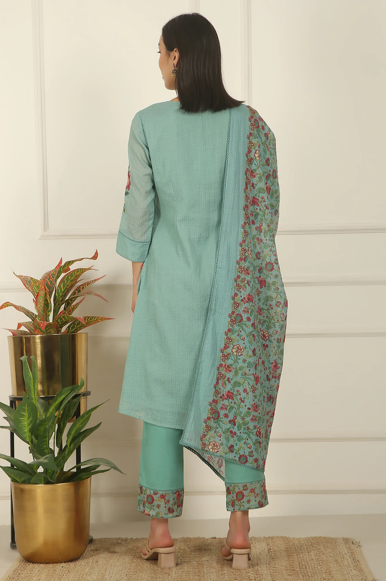 Blue Ari Embroidered Panelled Kurta, Straight Pants and Dupatta Set - Image 5