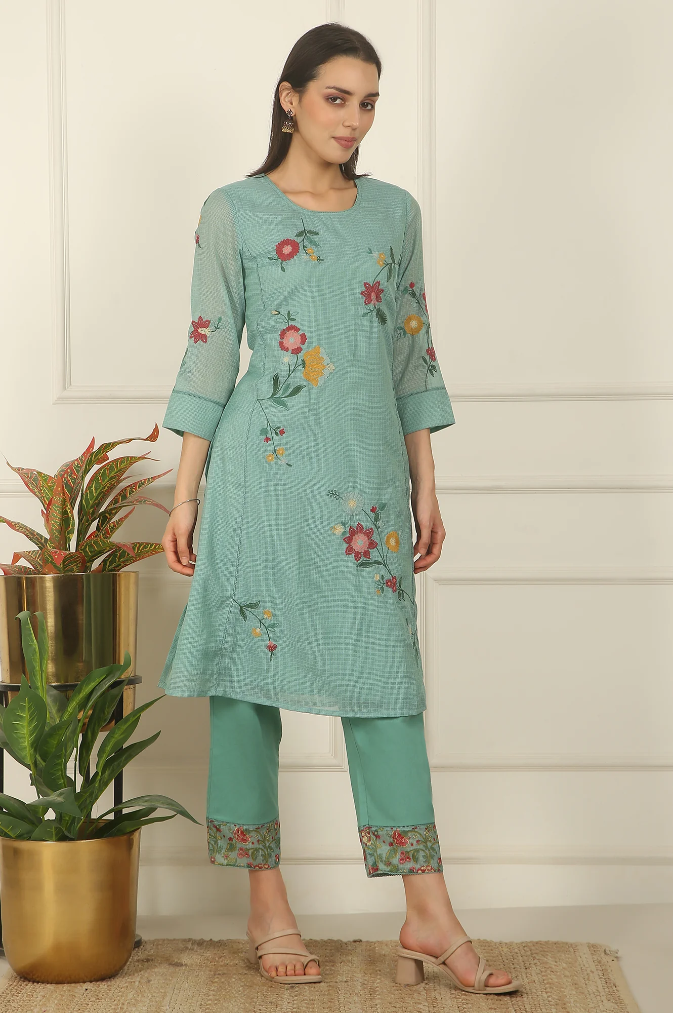 Blue Ari Embroidered Panelled Kurta, Straight Pants and Dupatta Set - Image 6