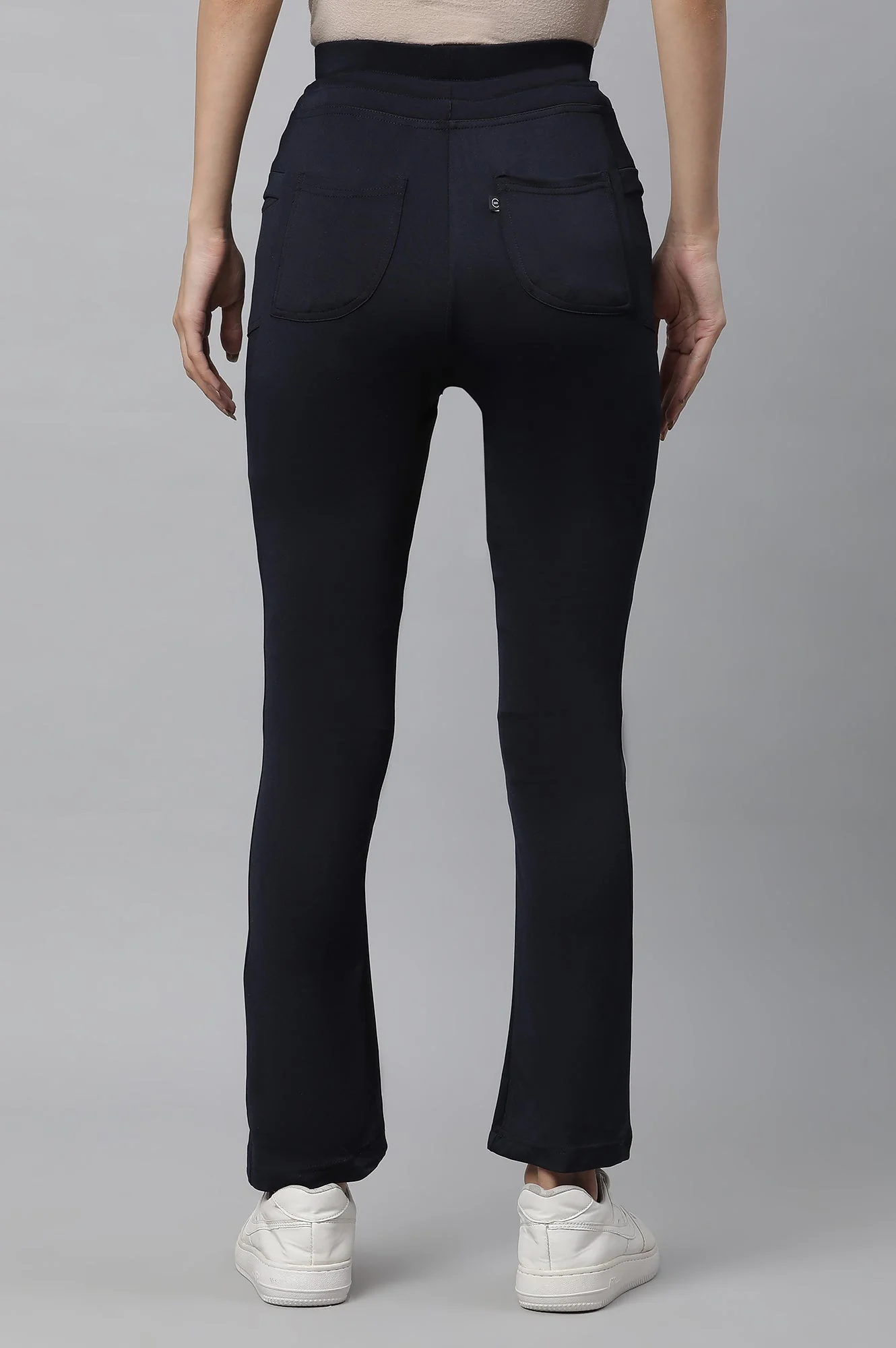 Navy Blue Solid Boot Cut Pants With Drawstring - Image 3