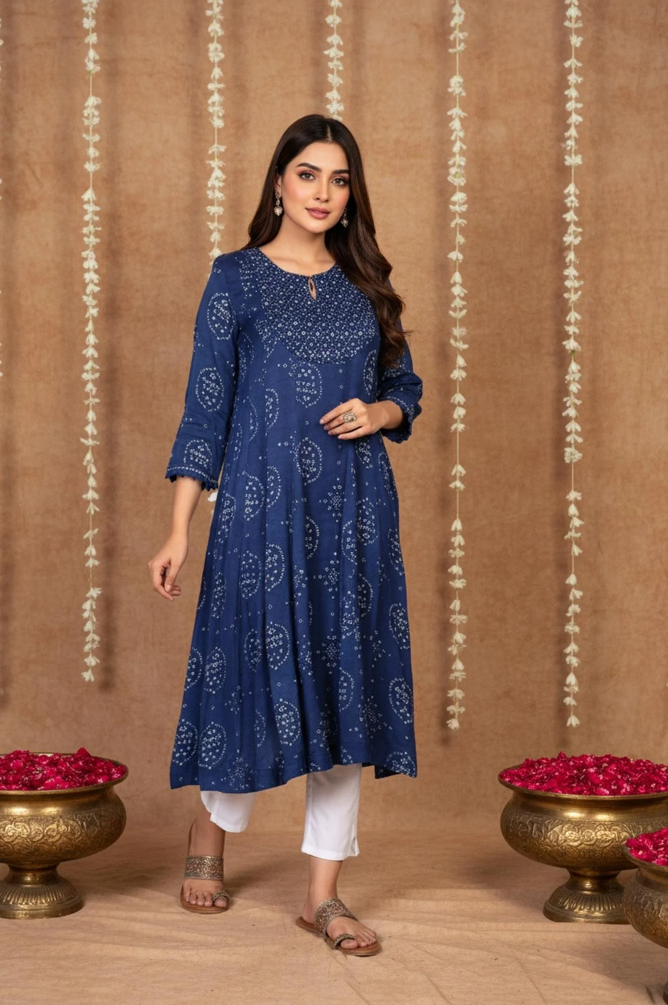 Blue Bandhani Mirror Work Flared Modal Satin Kurta - Image 4