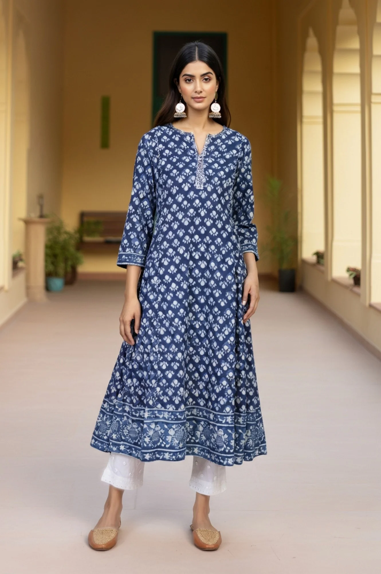 Blue Block Print Mirror Work Flared Cotton Kurta - Image 2