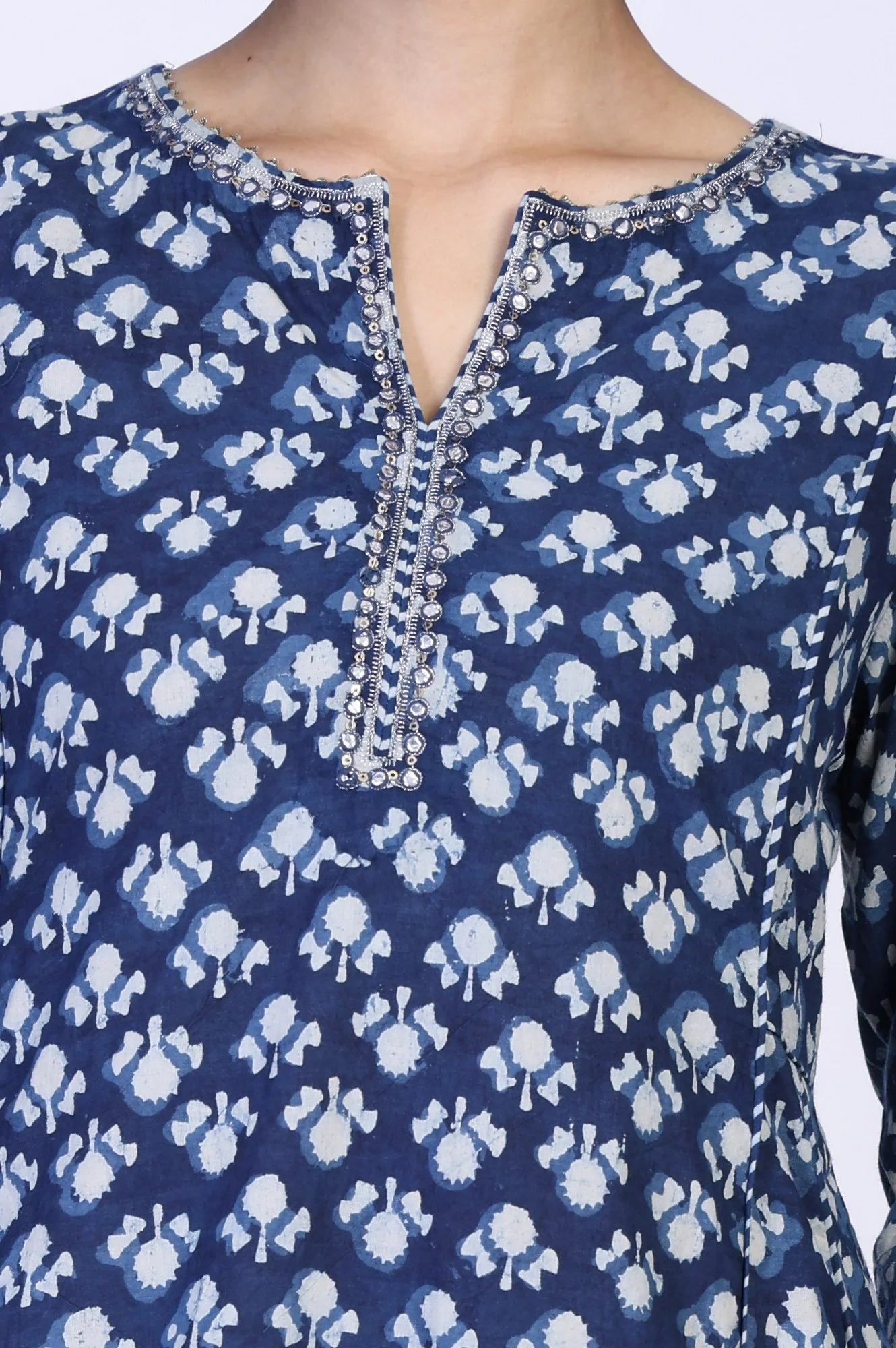 Blue Block Print Mirror Work Flared Cotton Kurta - Image 3