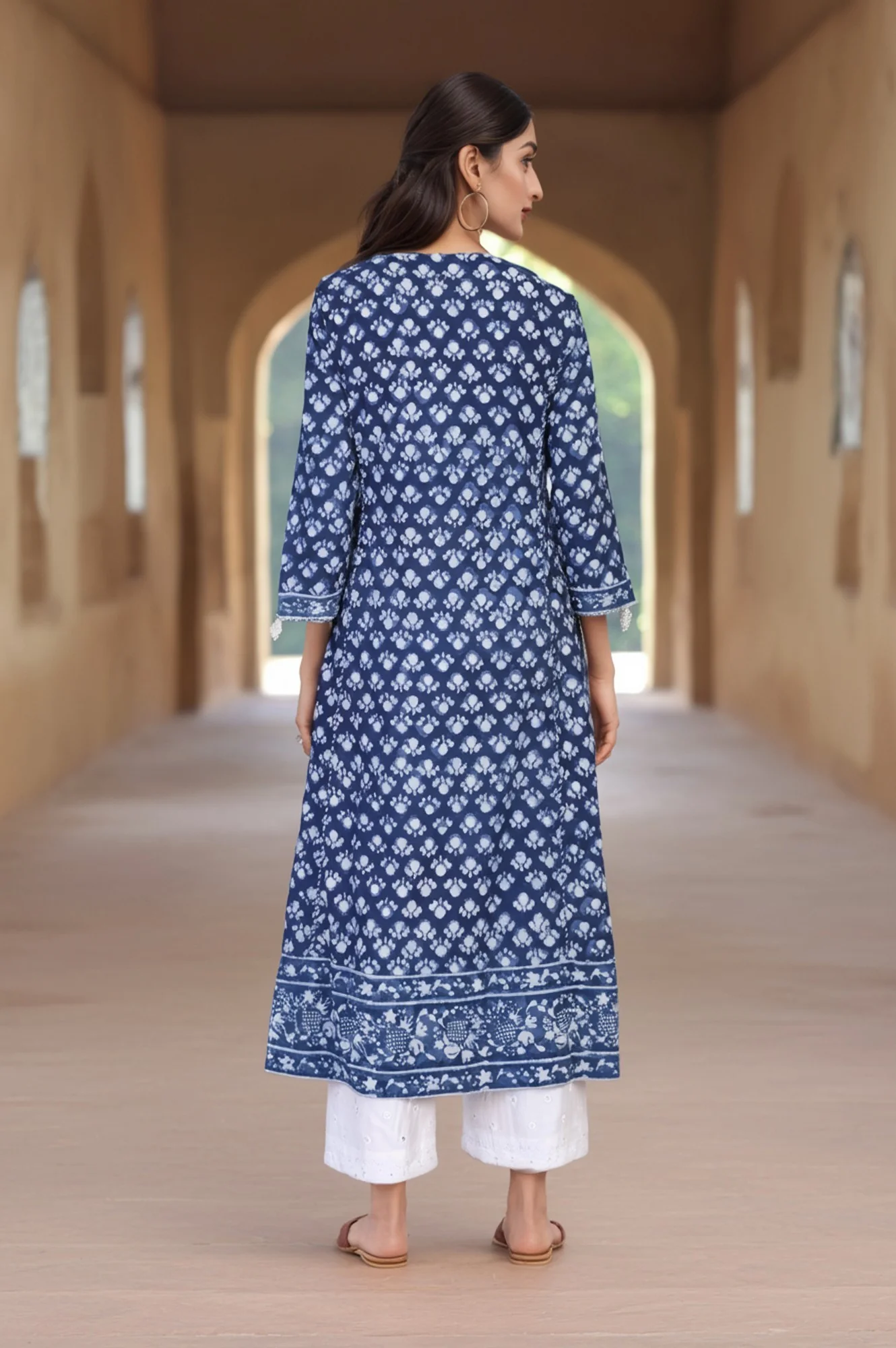 Blue Block Print Mirror Work Flared Cotton Kurta - Image 5