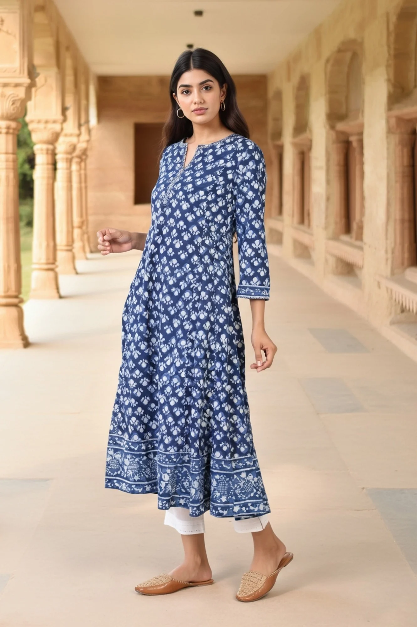 Blue Block Print Mirror Work Flared Cotton Kurta - Image 6