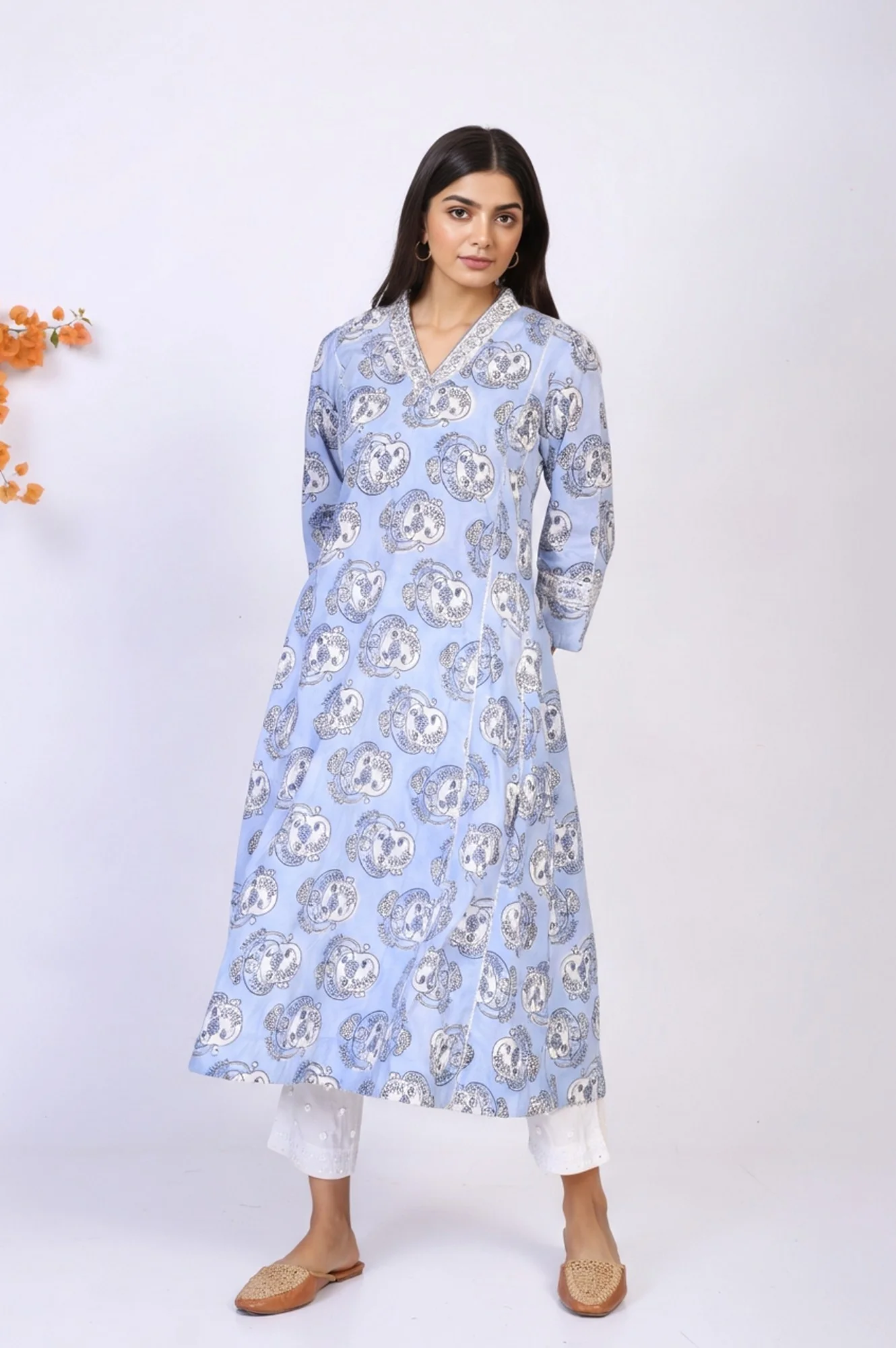 Blue Block Print Sequined Flared Cotton Kurta - Image 6
