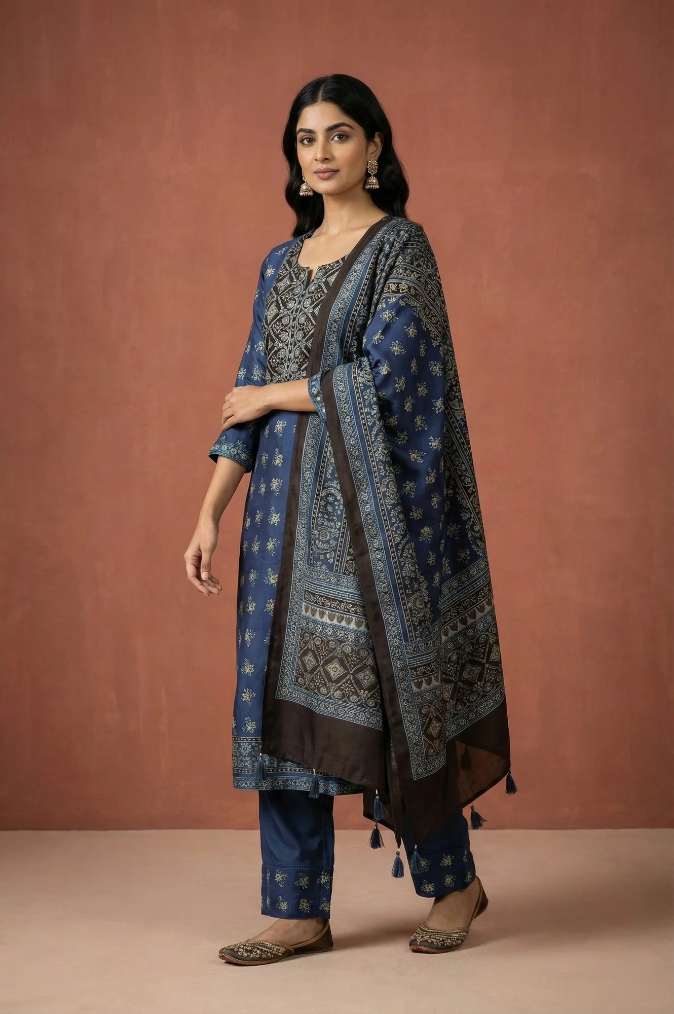 Blue Block Printed Floral Satin Straight Kurta with Parallel Pants and Dupatta Set - Image 6
