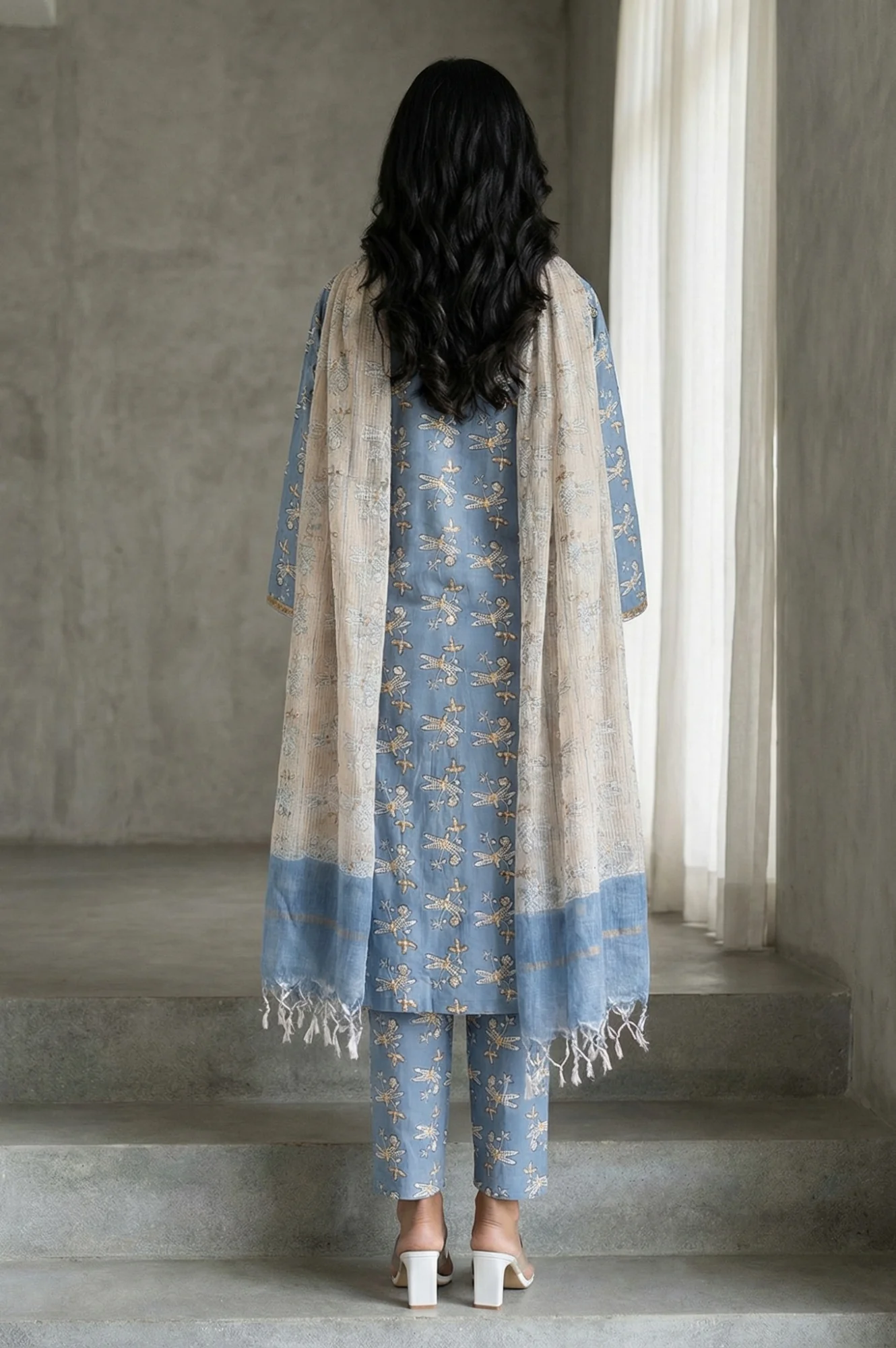 Blue Block Printed Pure Cotton Straight Kurta with Pants and Dupatta Set - Image 5