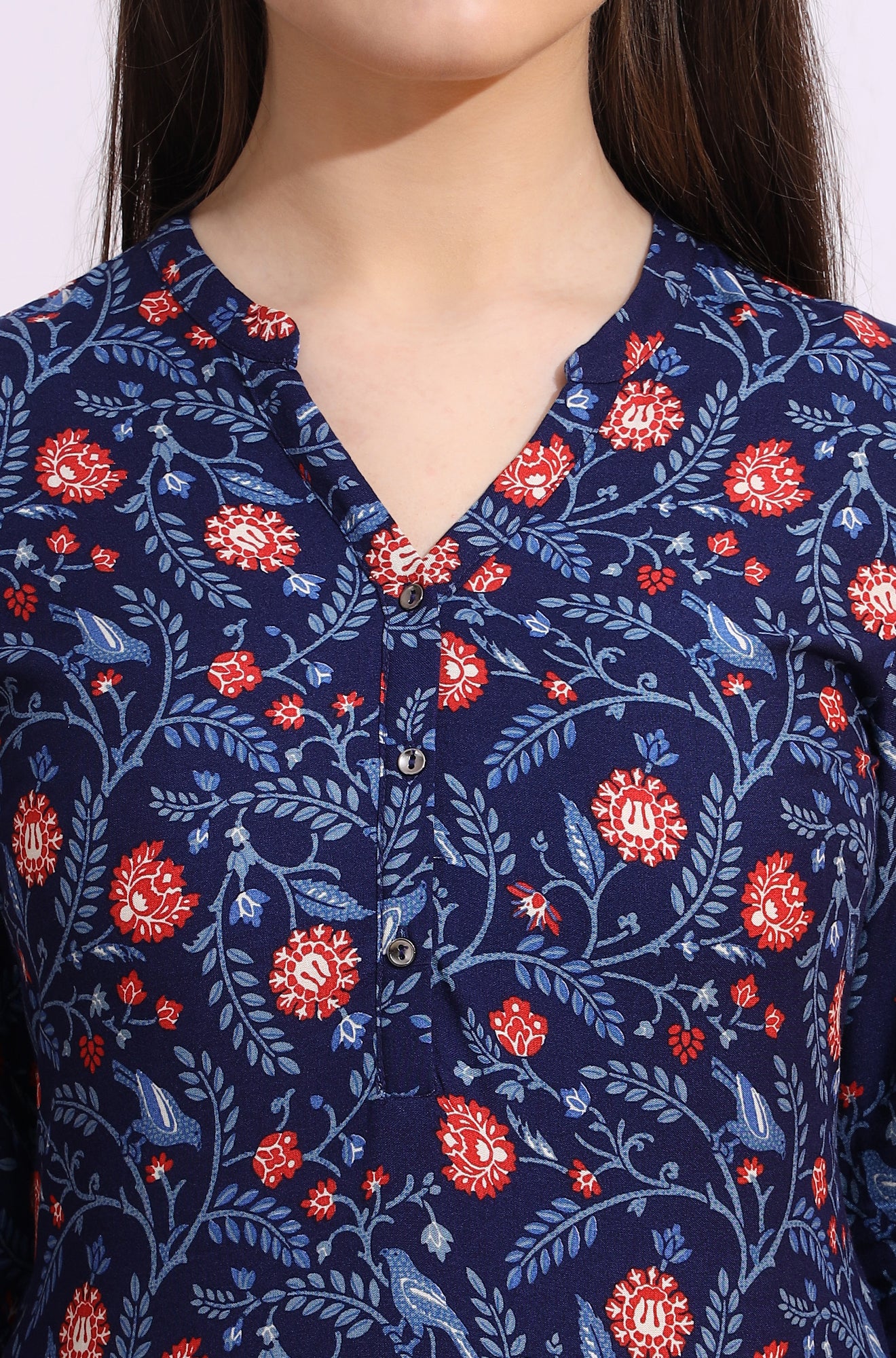 Blue Bold Floral Printed Cotton Cambric Straight Kurta - Image 4