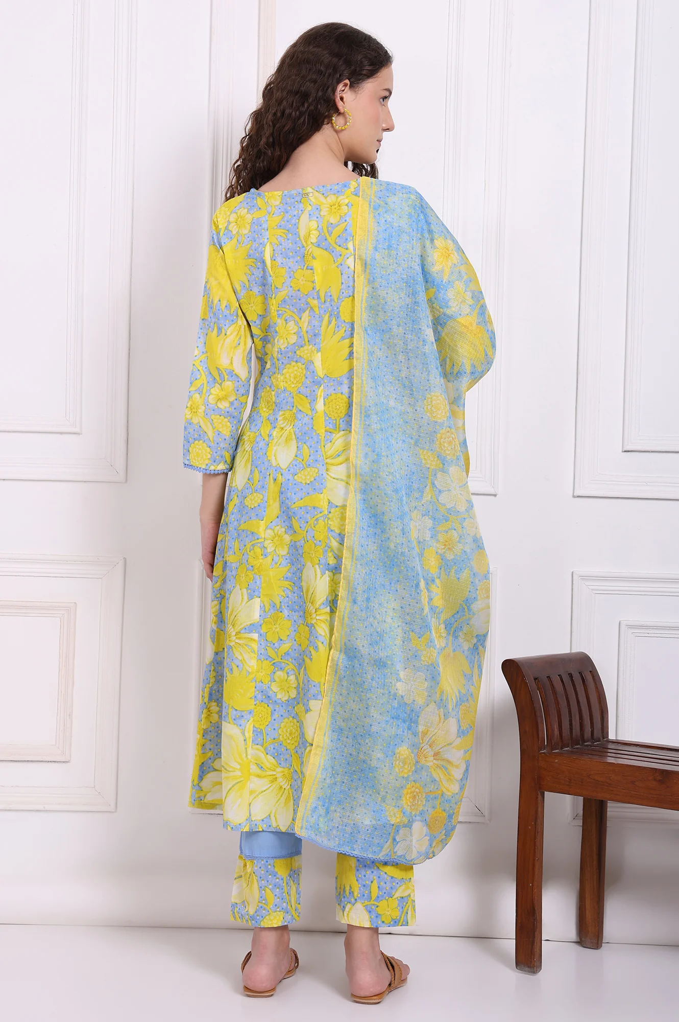 Blue Bold Floral Printed Pure Cotton Flared Kurta, Straight Pants and Dupatta Set - Image 5
