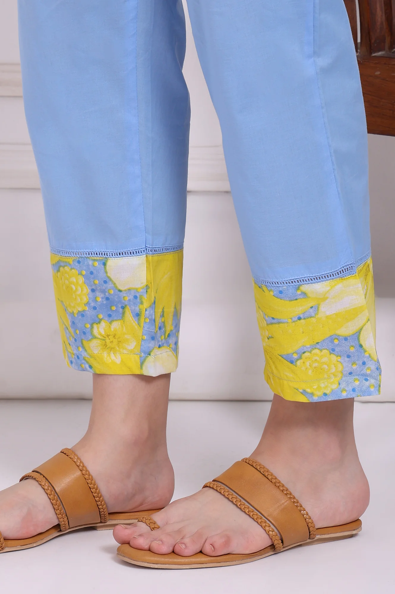Blue Bold Floral Printed Pure Cotton Flared Kurta, Straight Pants and Dupatta Set - Image 9