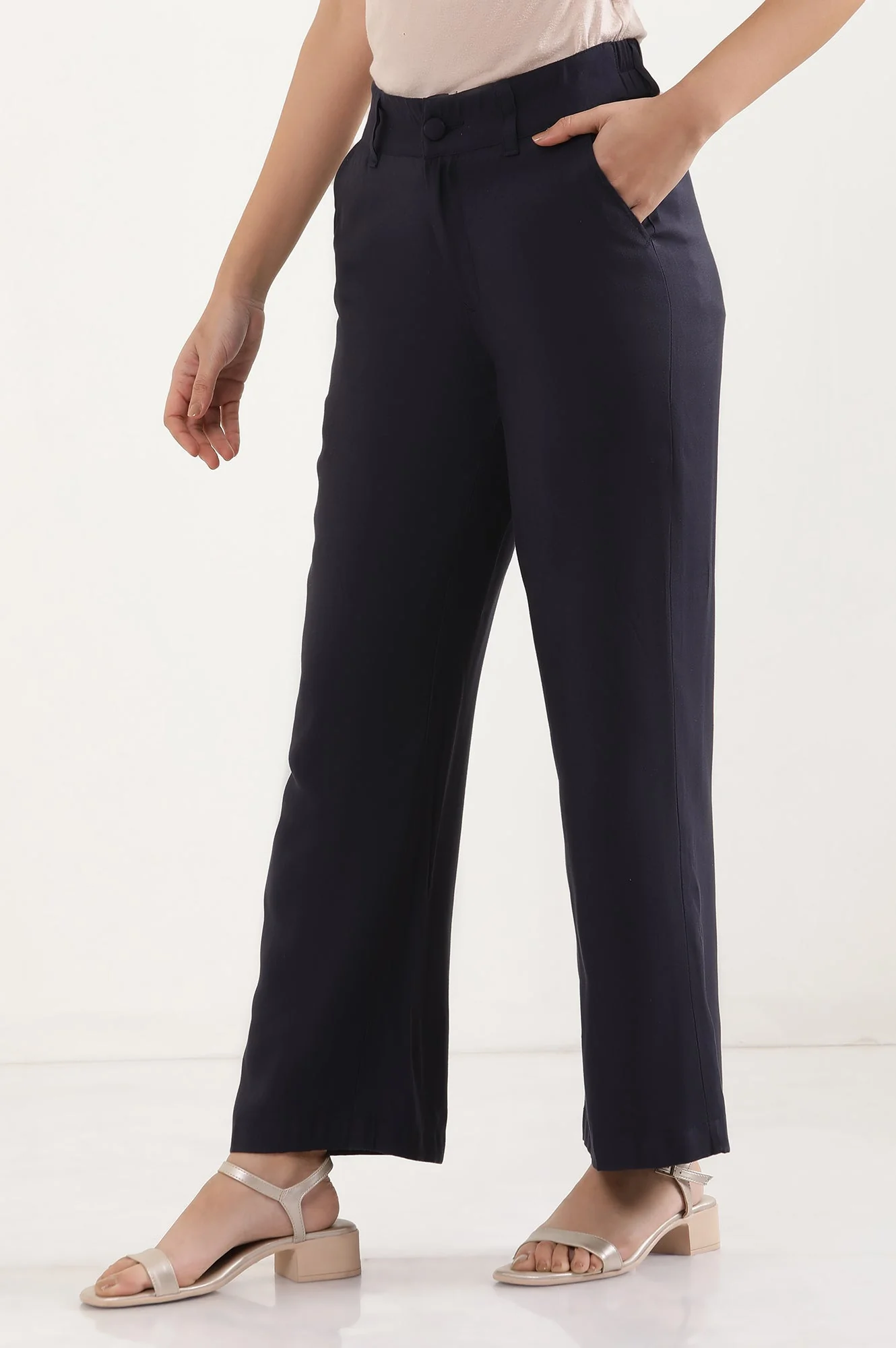Navy Blue Solid Straight-fit Woven Pants with Elasticated Back - Image 3