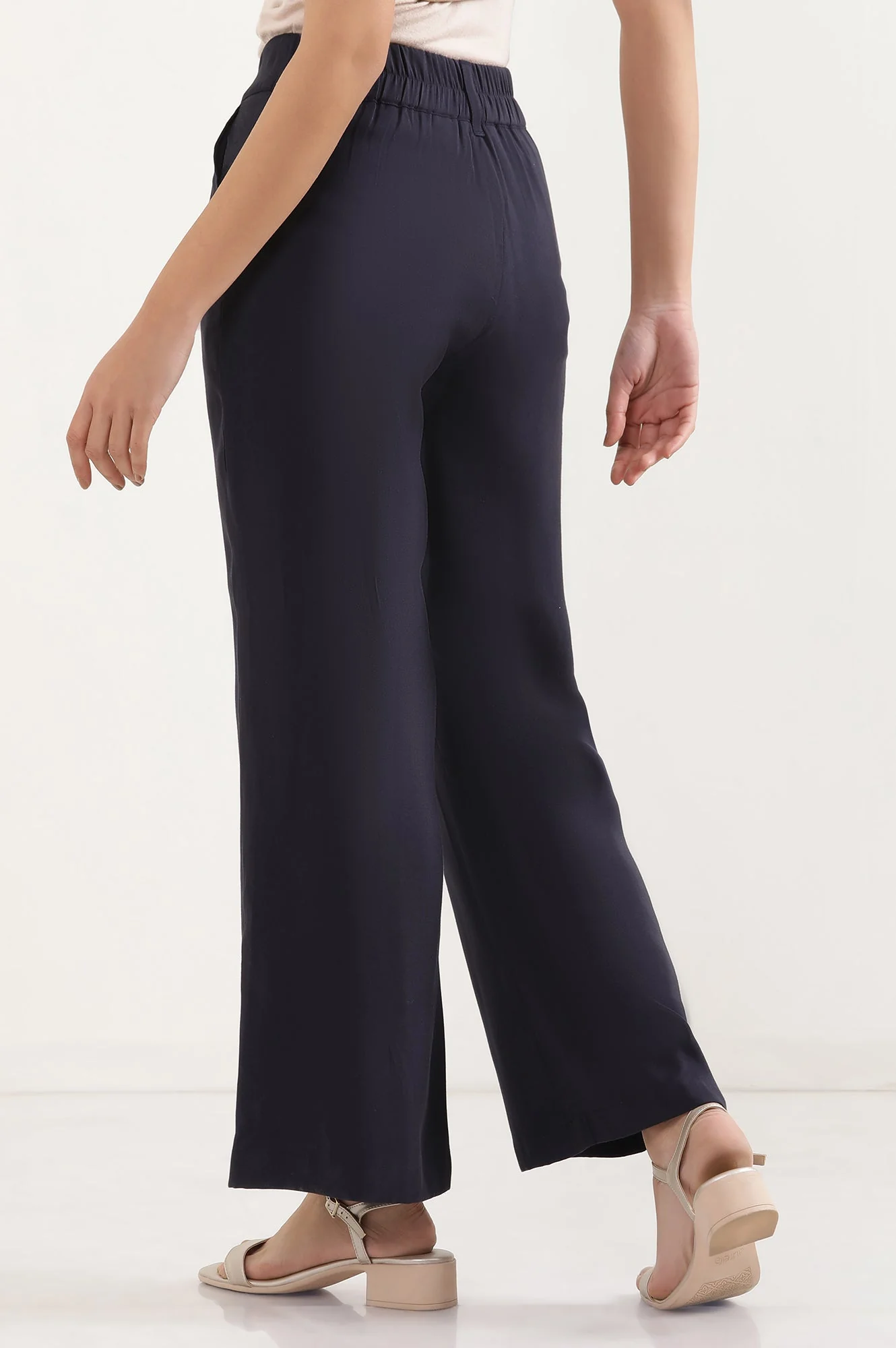 Navy Blue Solid Straight-fit Woven Pants with Elasticated Back - Image 4