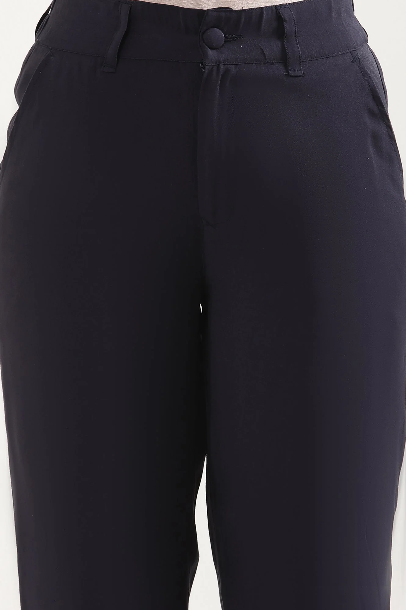 Navy Blue Solid Straight-fit Woven Pants with Elasticated Back - Image 6