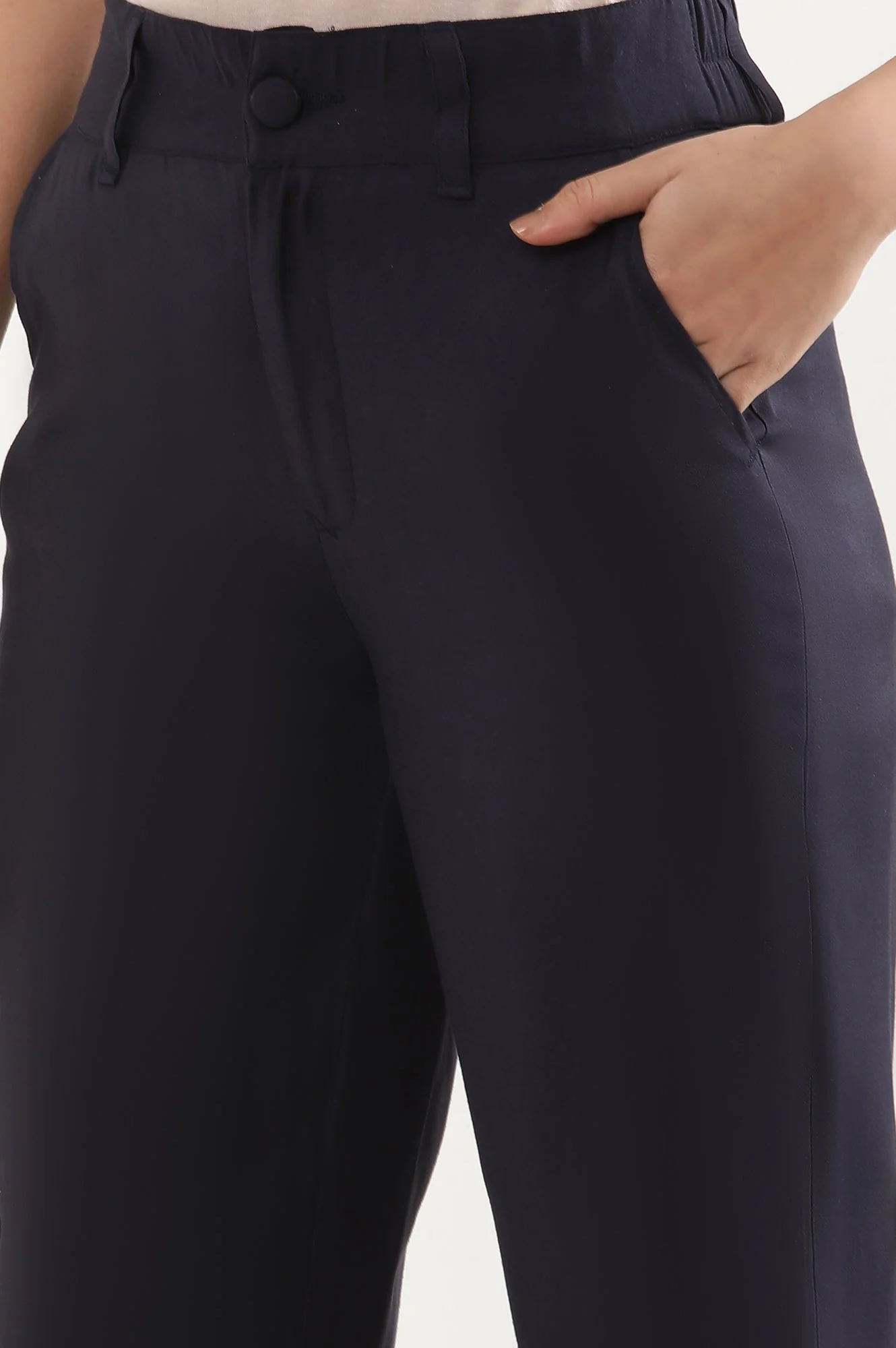 Navy Blue Solid Straight-fit Woven Pants with Elasticated Back - Image 7