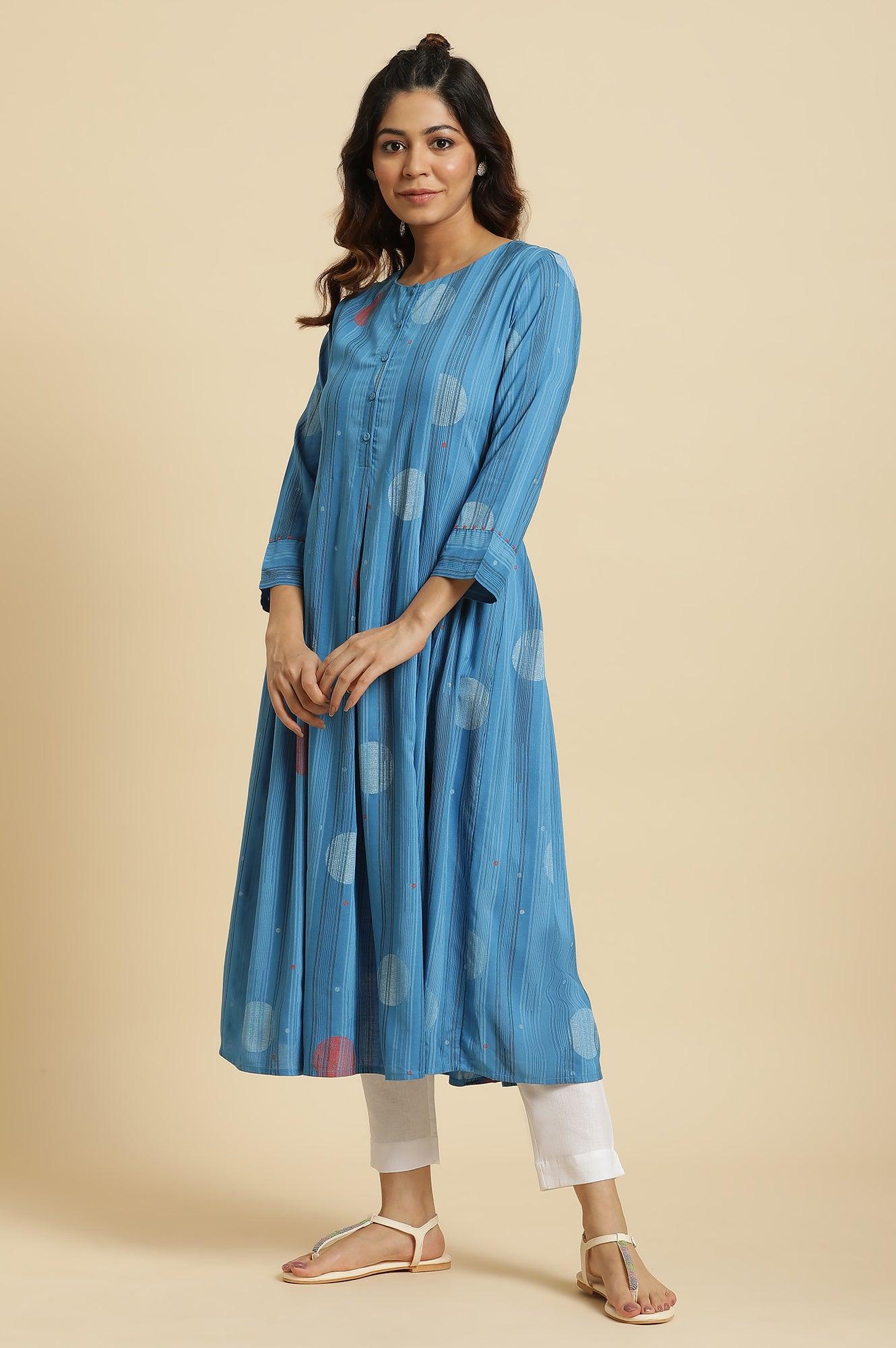 Blue Box Pleats Kurta With Kantha Details - Image 4
