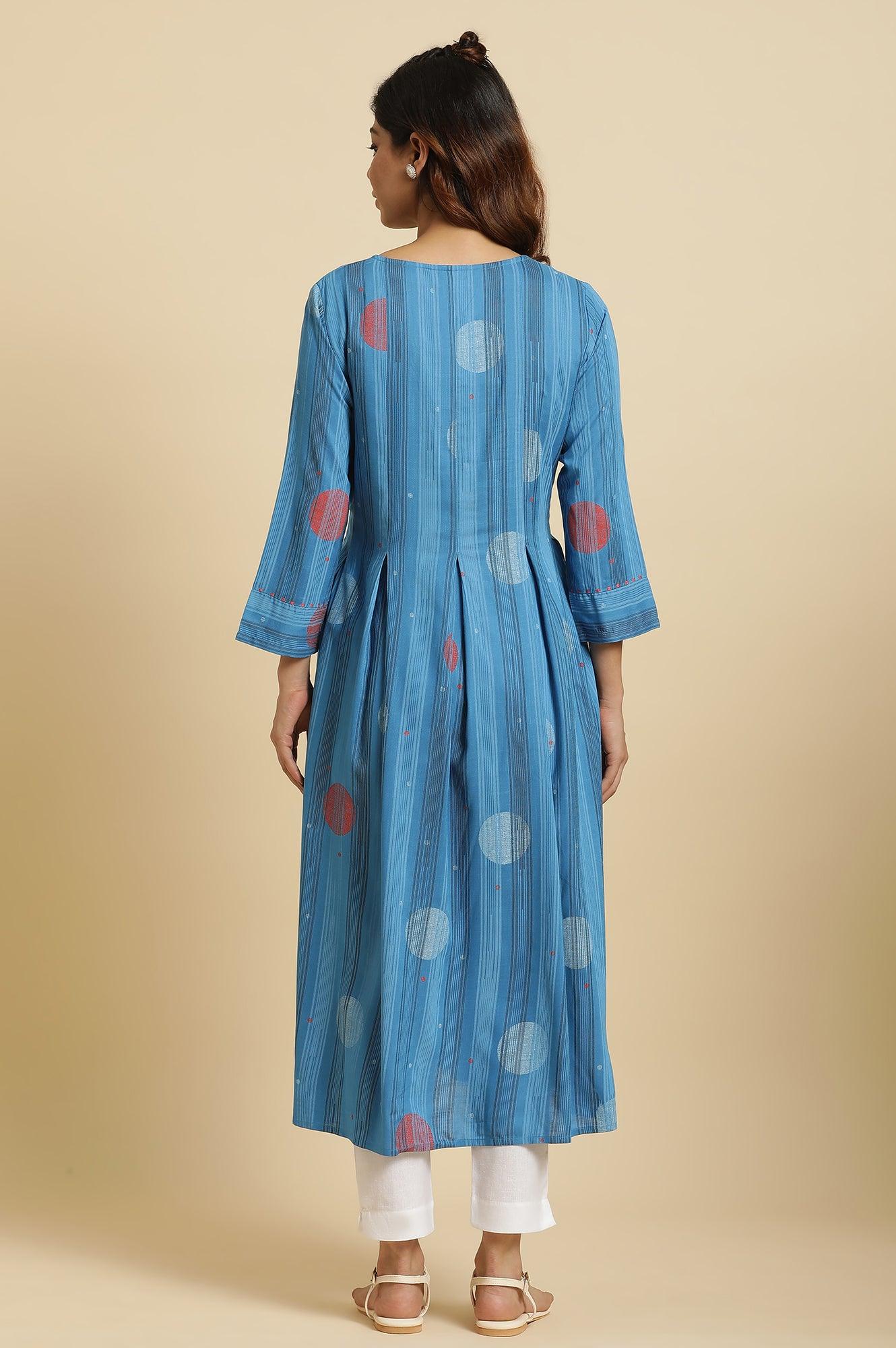 Blue Box Pleats Kurta With Kantha Details - Image 5