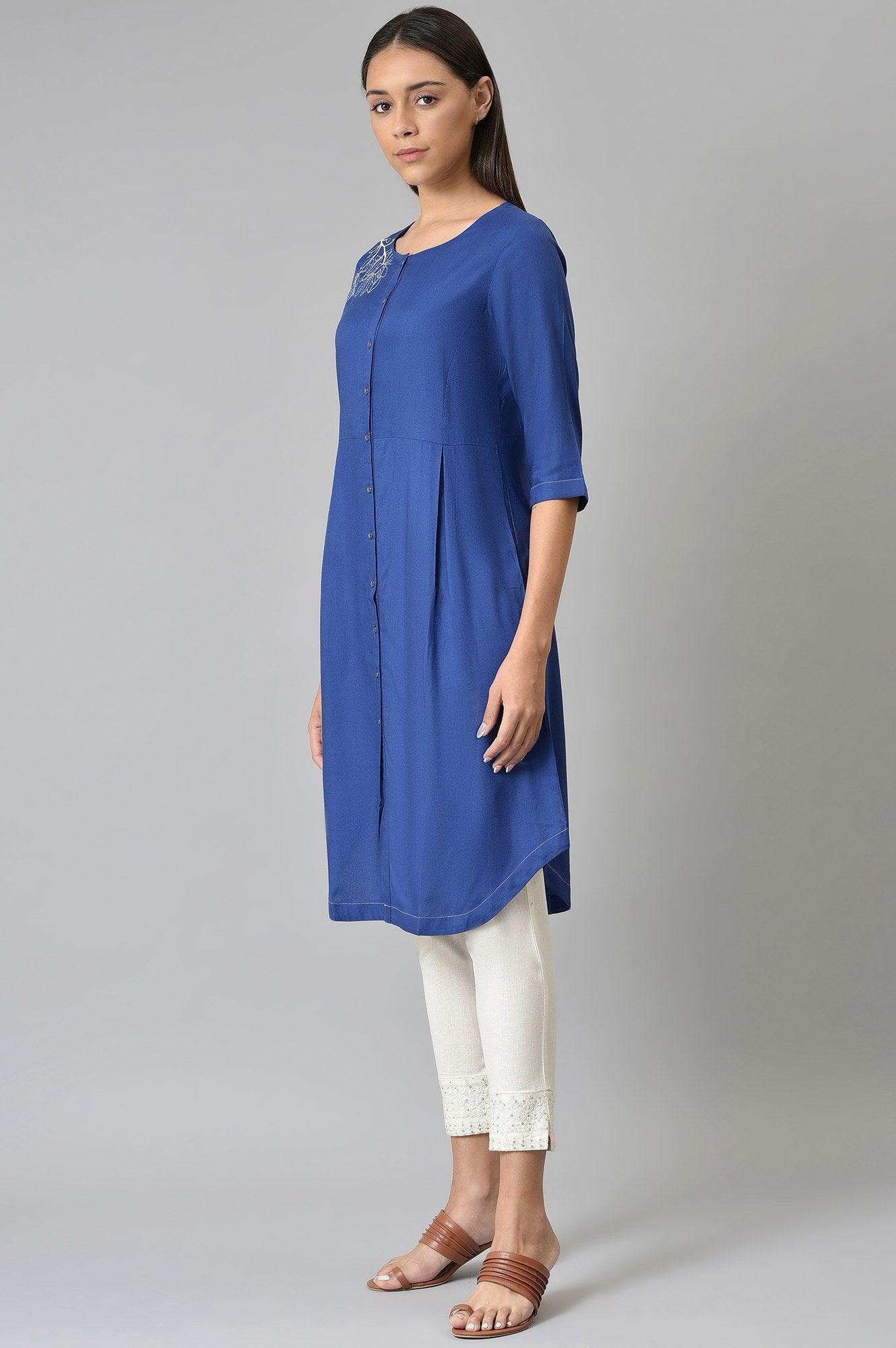Blue Button Down kurta With Embroidery - Image 3