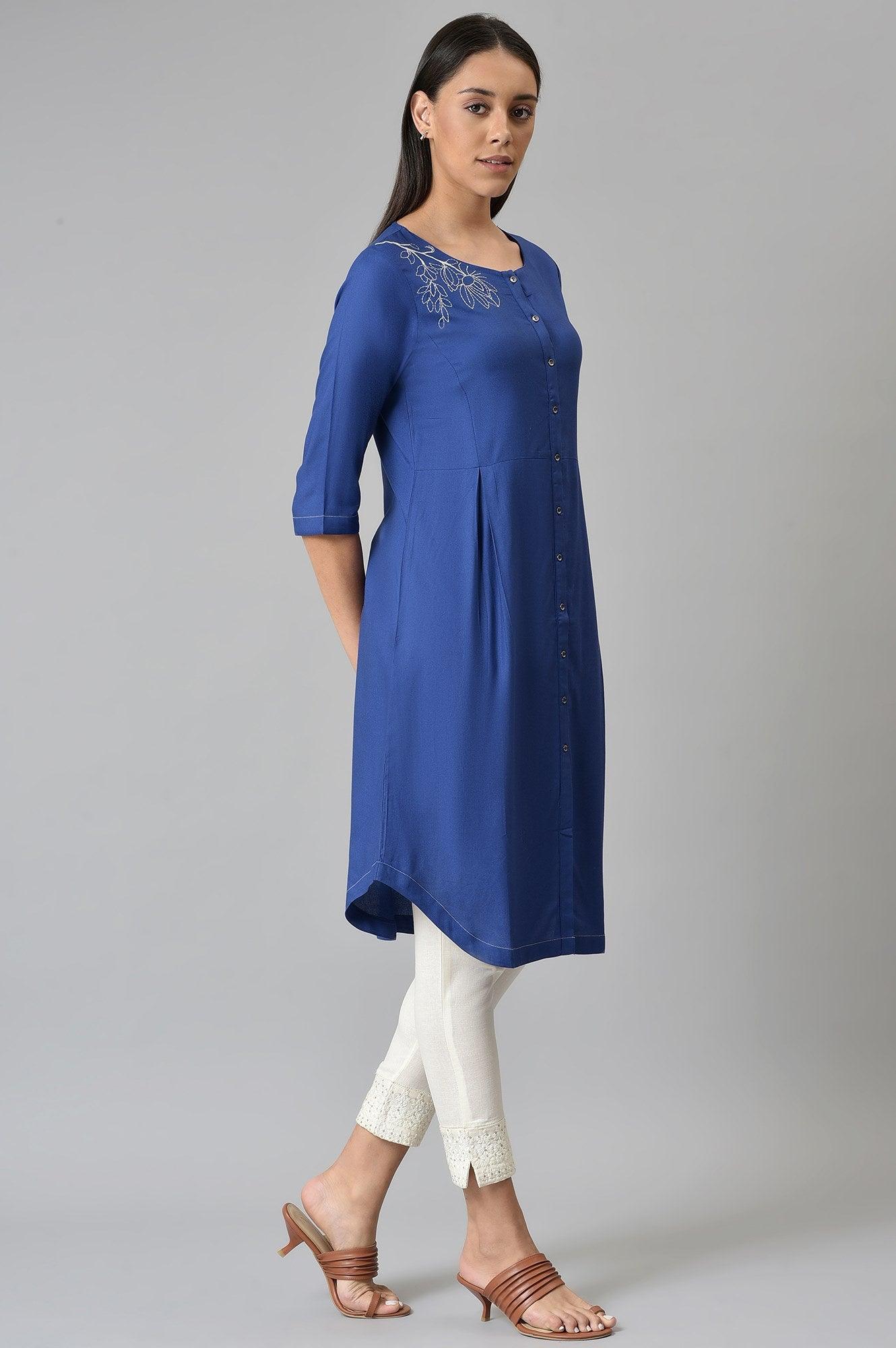 Blue Button Down kurta With Embroidery - Image 4
