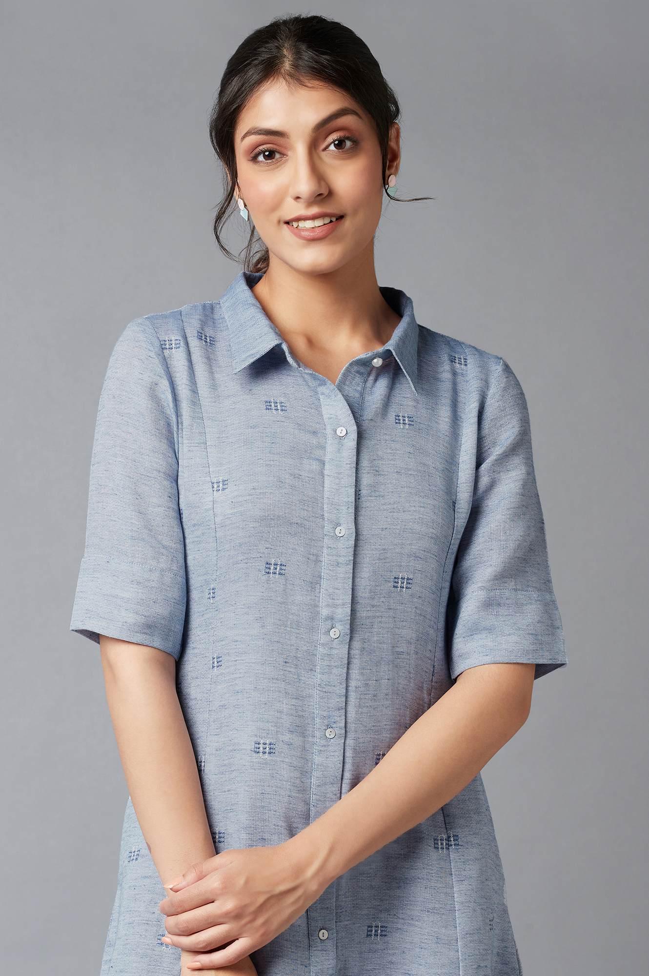 Blue Chambray Embroidered Cotton Dress - Image 5