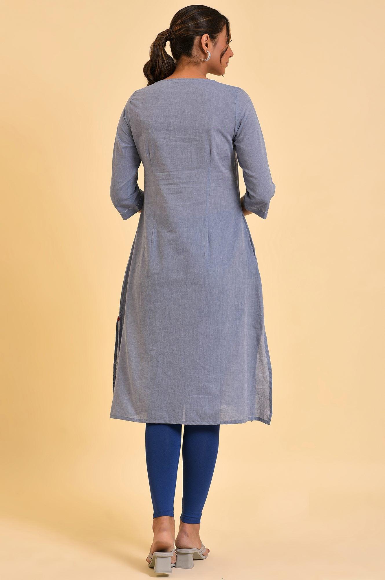 Blue Chambray Printed kurta - Image 2