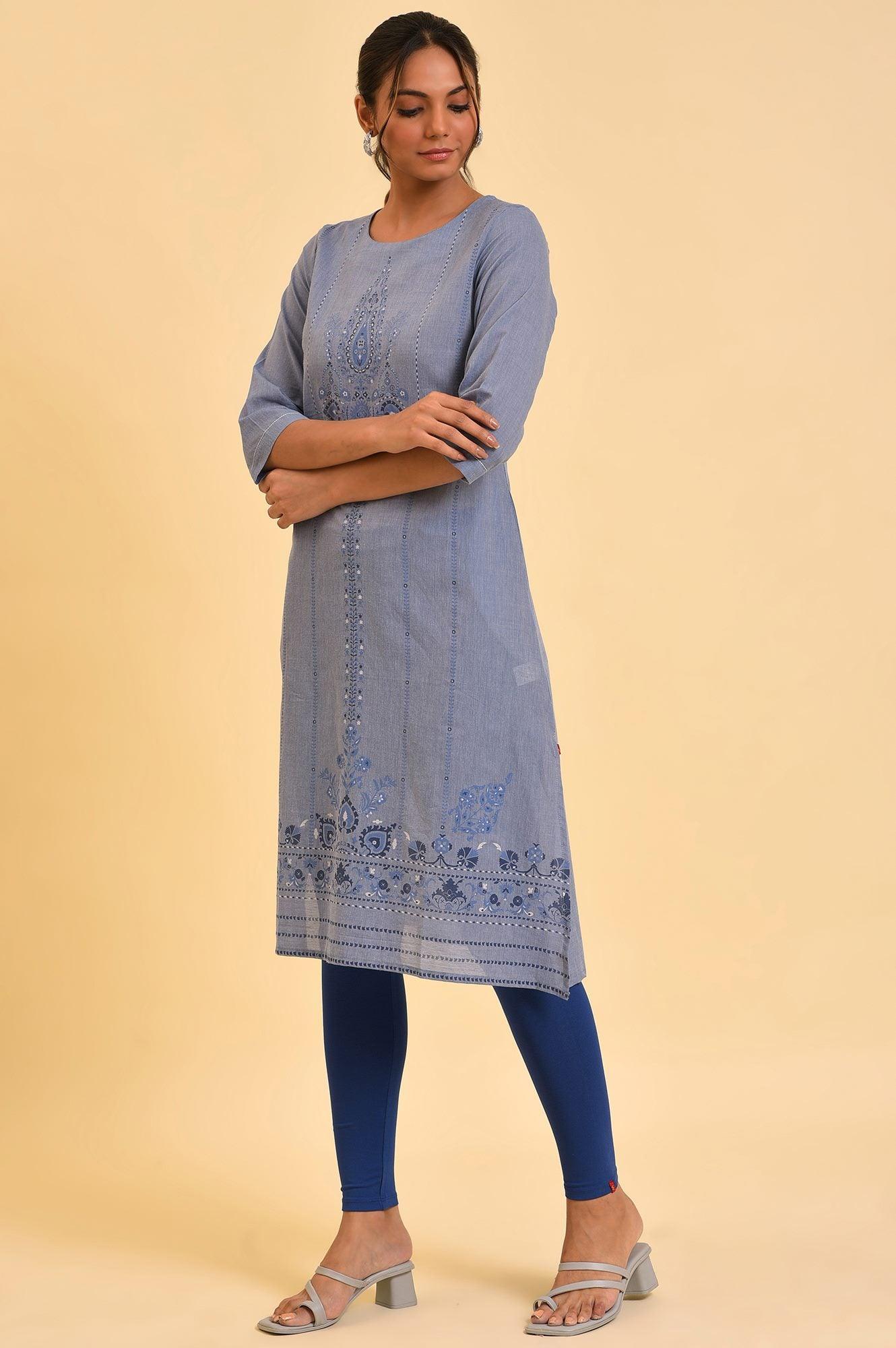 Blue Chambray Printed kurta - Image 3