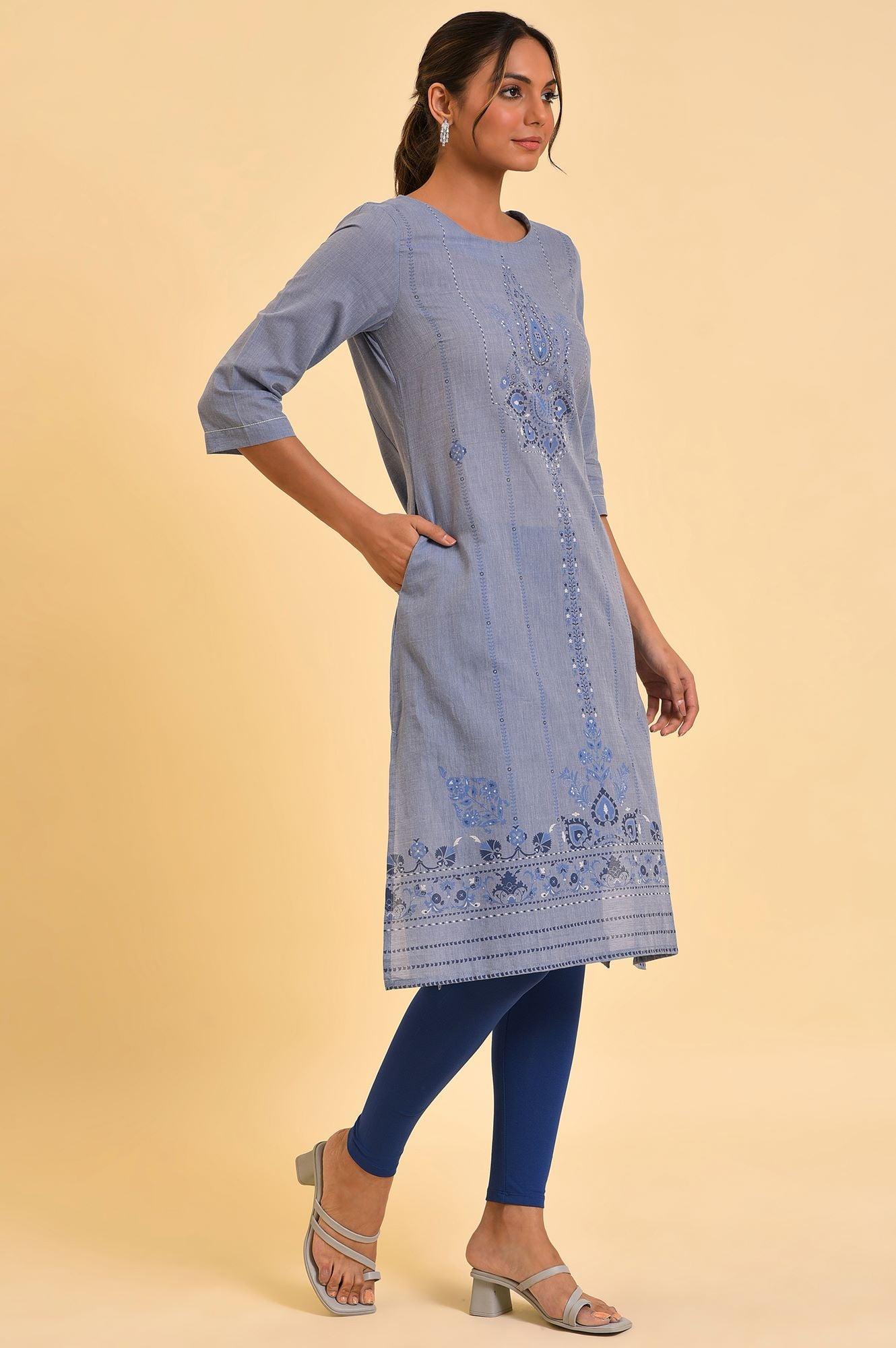 Blue Chambray Printed kurta - Image 4