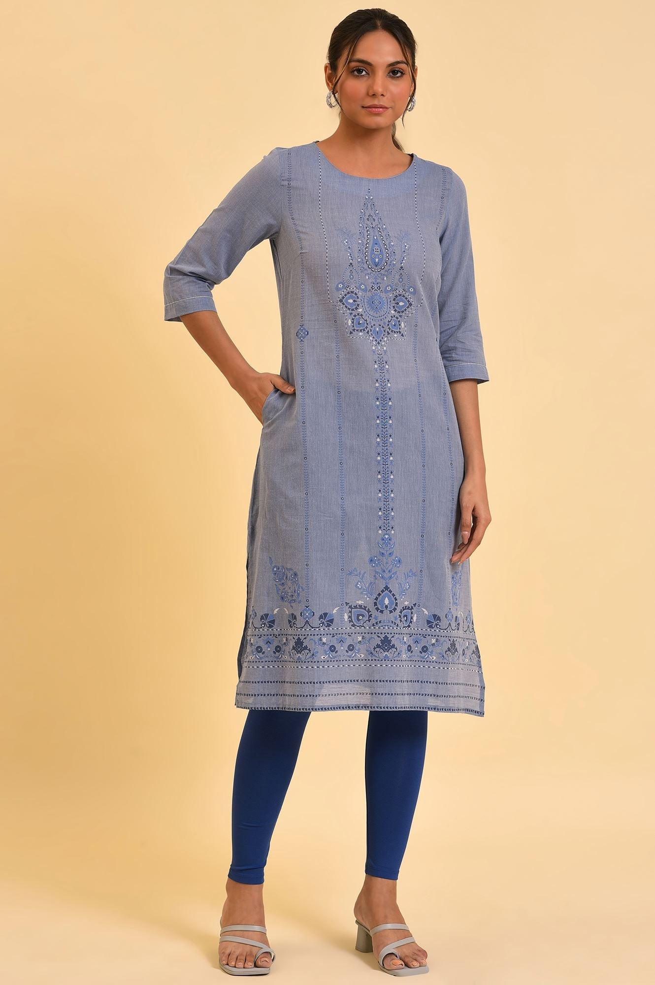 Blue Chambray Printed kurta - Image 6