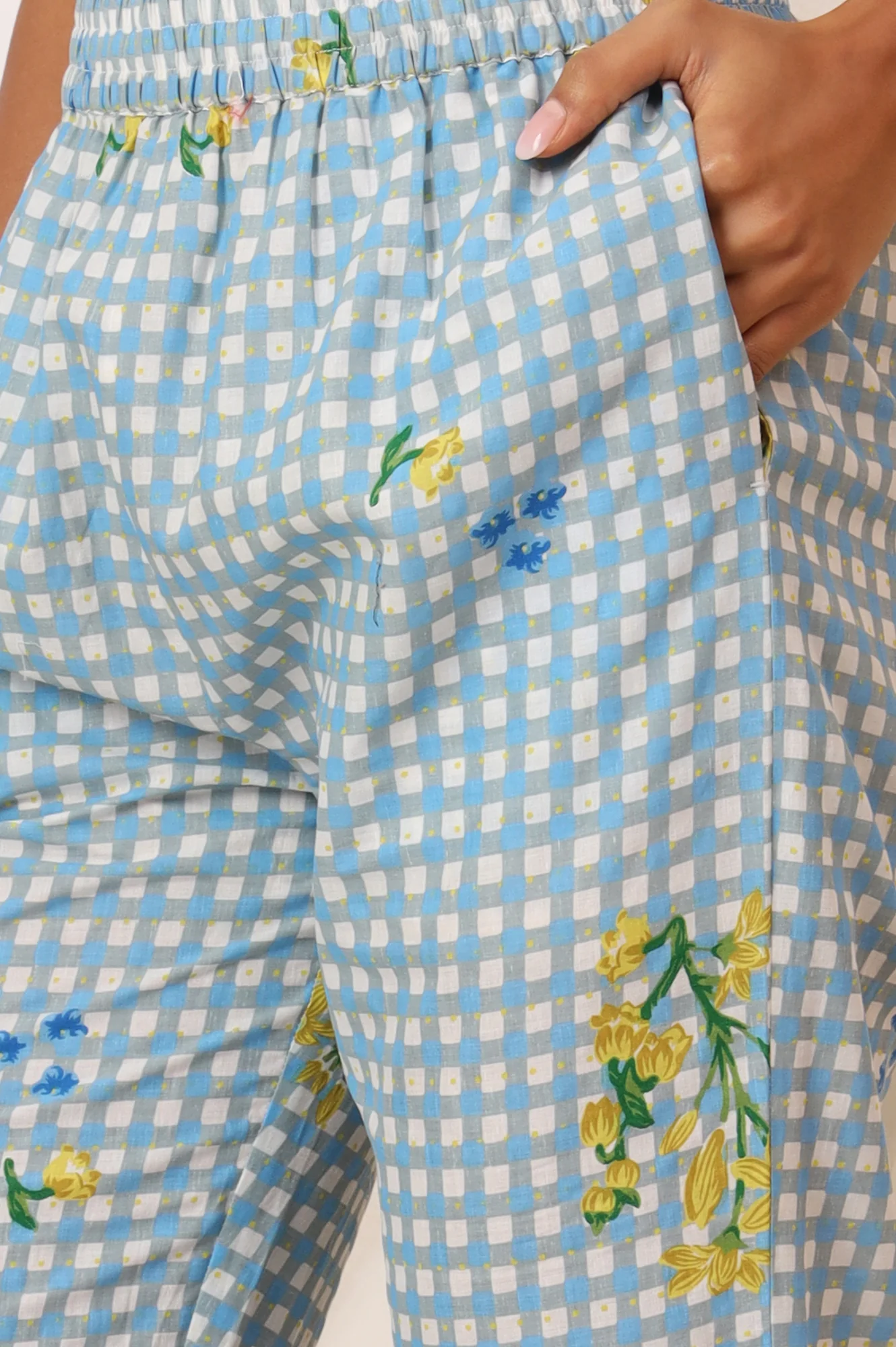 Blue Checker Chanderi Straight Kurta, Pants and Dupatta Set - Image 10