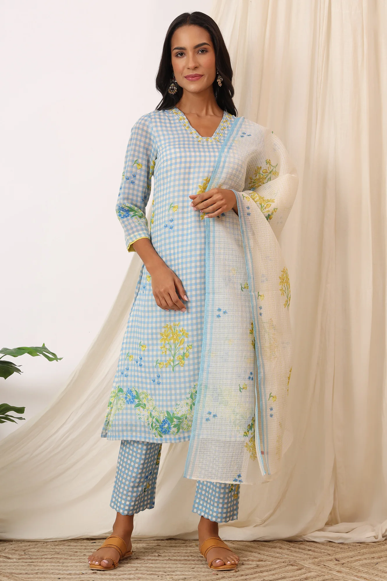 Blue Checker Chanderi Straight Kurta, Pants and Dupatta Set - Image 3