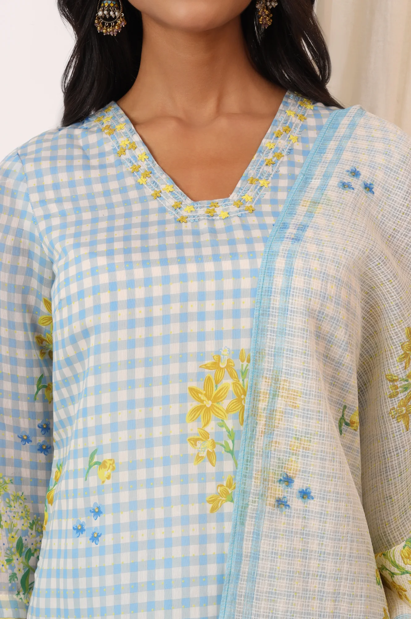 Blue Checker Chanderi Straight Kurta, Pants and Dupatta Set - Image 4