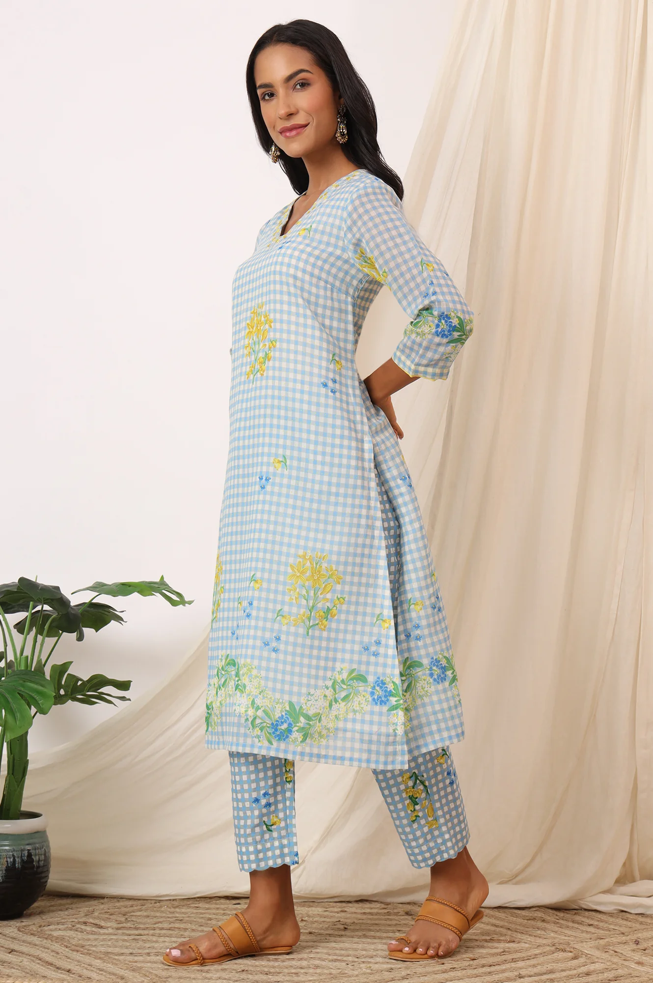 Blue Checker Chanderi Straight Kurta, Pants and Dupatta Set - Image 5