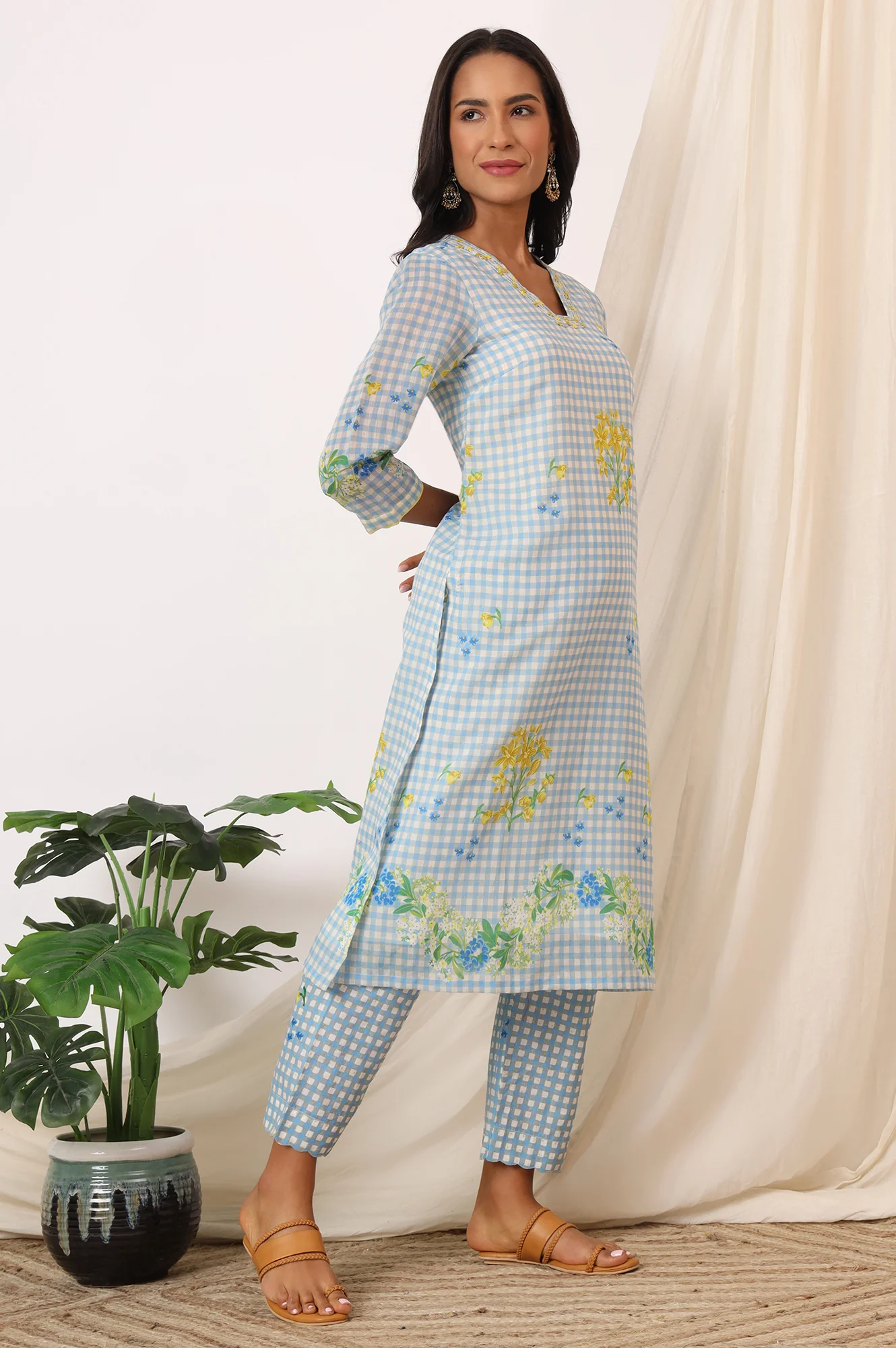 Blue Checker Chanderi Straight Kurta, Pants and Dupatta Set - Image 7