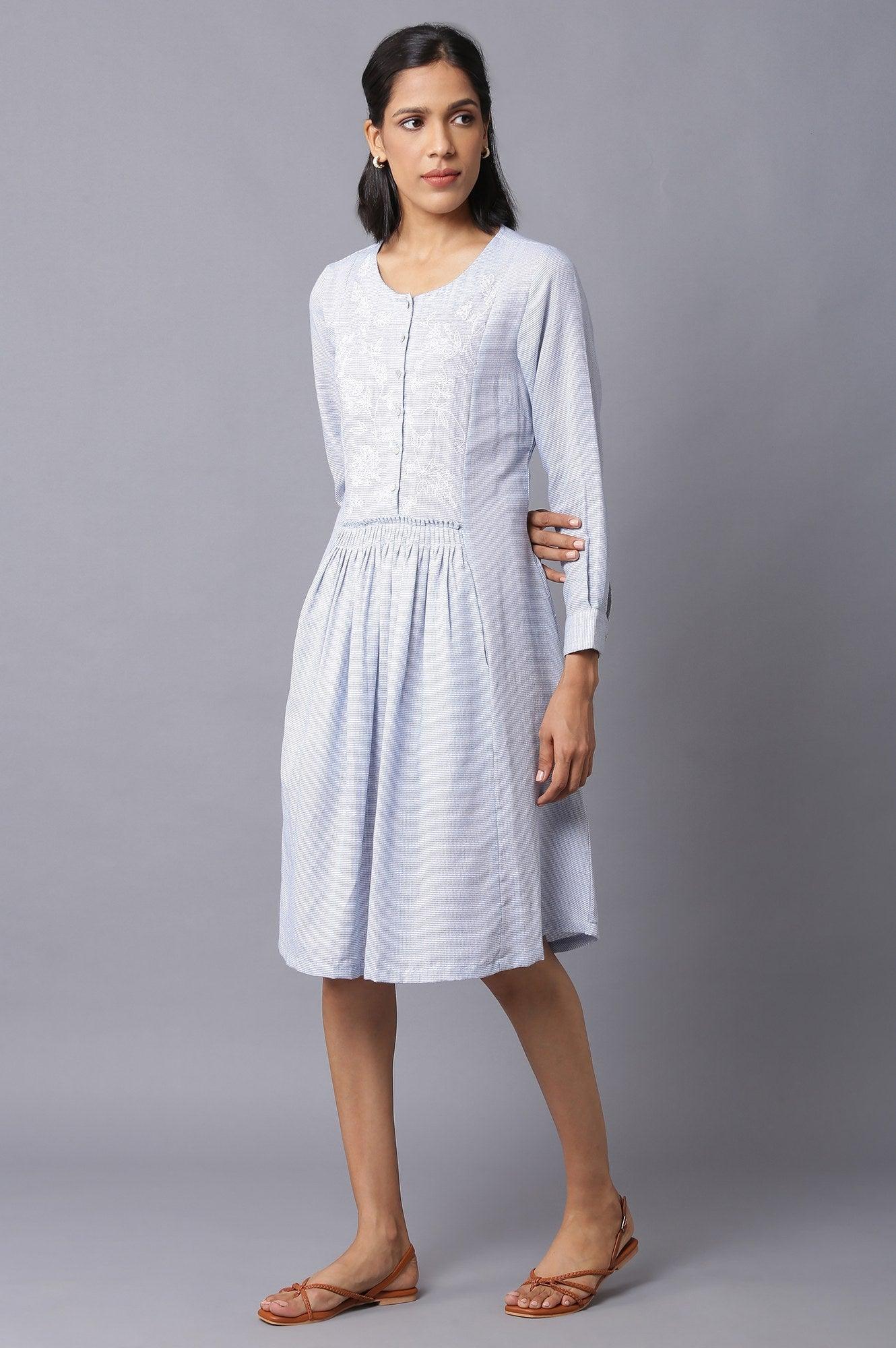Blue Checker Embroidered Cotton Dress - Image 3