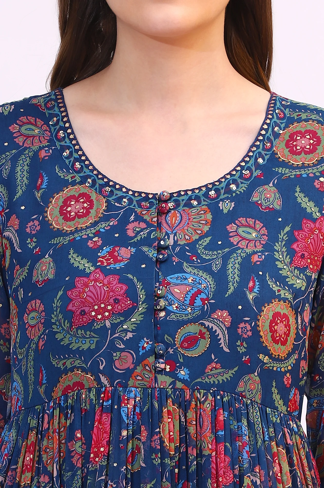 Blue Chintz Floral Printed Chiffon Anarkali Kurta, Straight Pants and Dupatta Set - Image 4